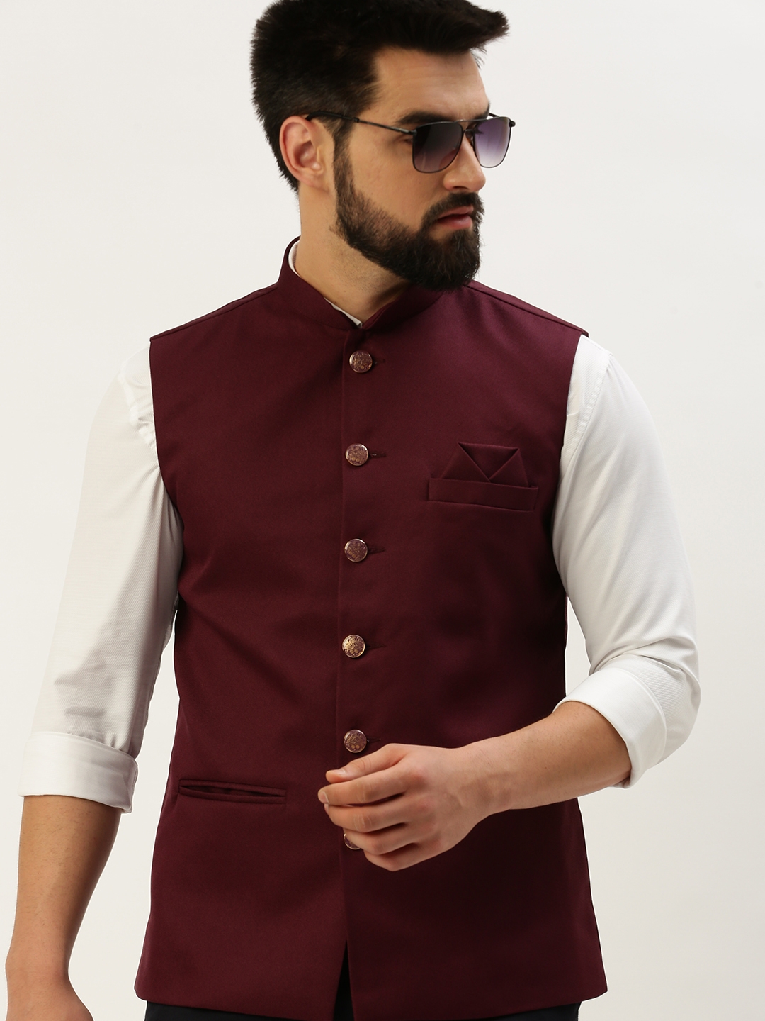Showoff | SHOWOFF Men's Woven Design Mandarin Collar Burgundy Nehru Jacket 0