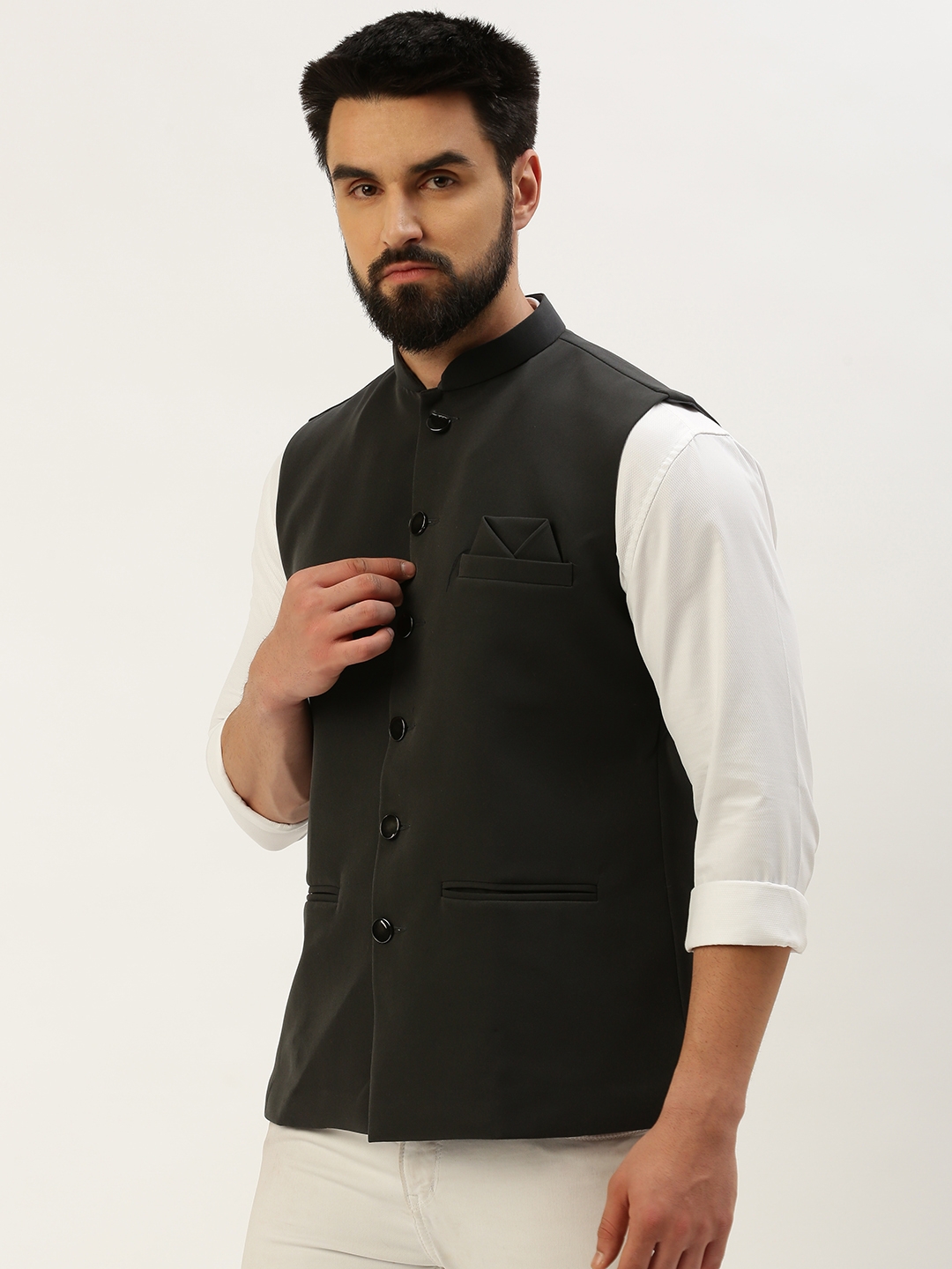 Showoff | SHOWOFF Men's Solid Mandarin Collar Grey Nehru Jacket 2