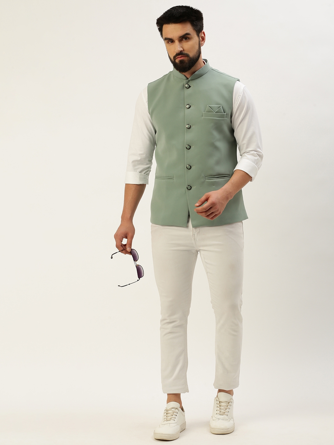Showoff | SHOWOFF Men's Solid Mandarin Collar Sea Green Nehru Jacket 4