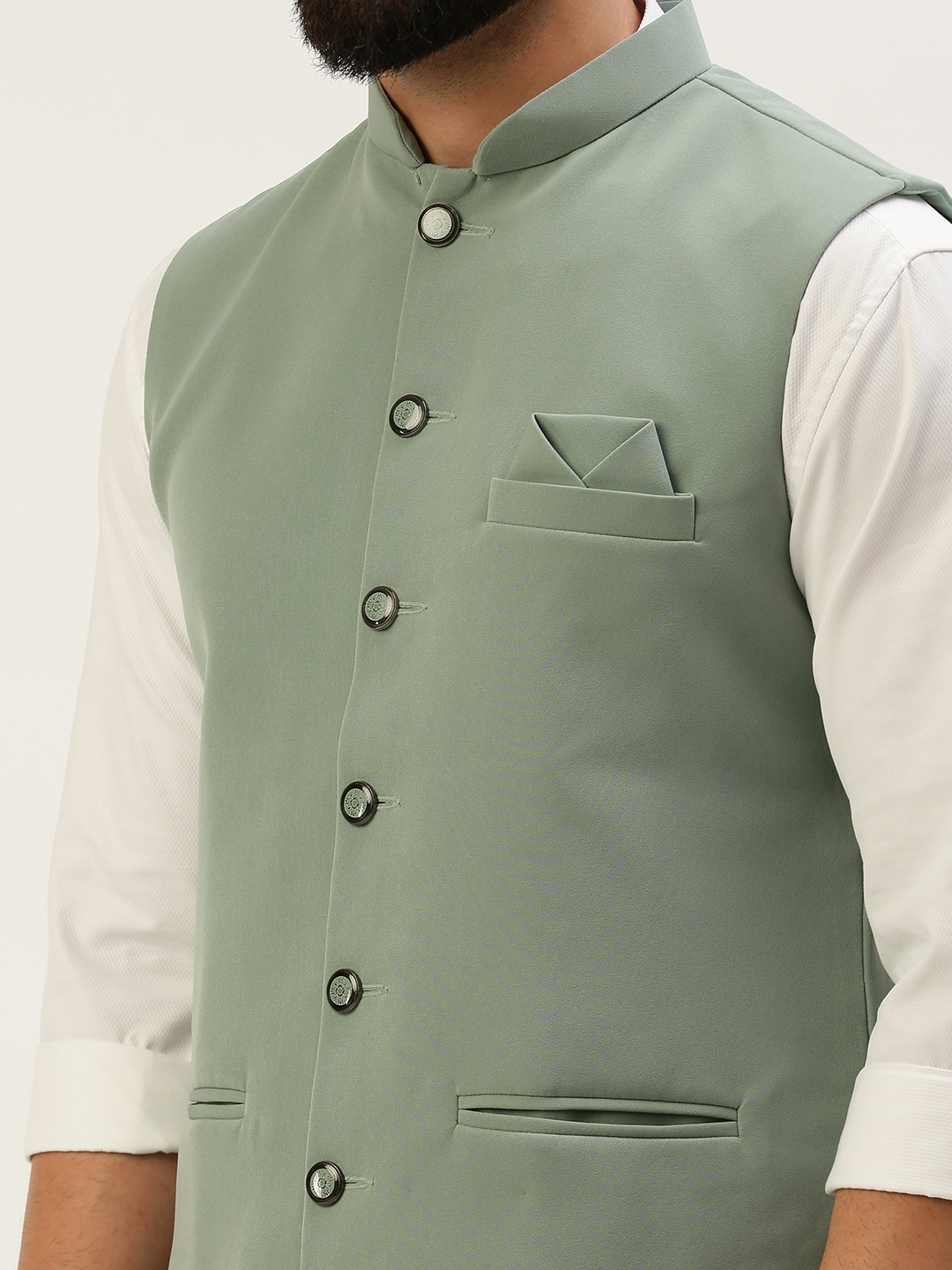 Showoff | SHOWOFF Men's Solid Mandarin Collar Sea Green Nehru Jacket 5