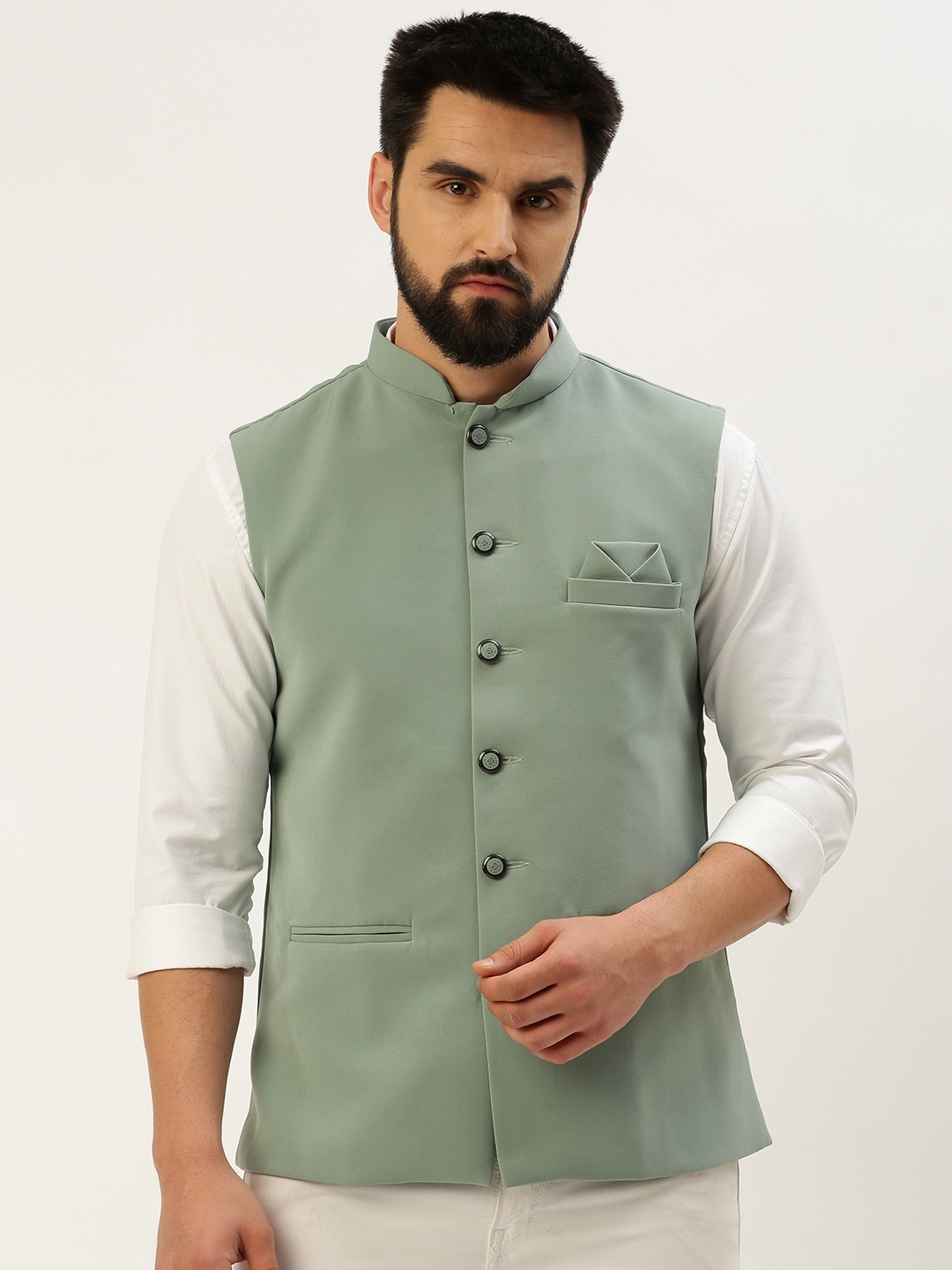 Showoff | SHOWOFF Men's Solid Mandarin Collar Sea Green Nehru Jacket 1