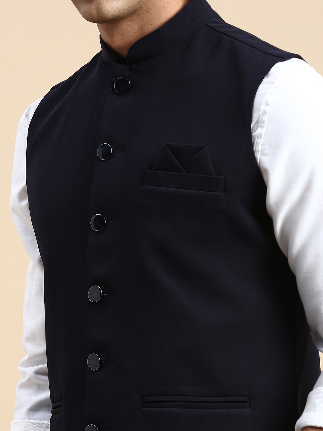 Showoff | SHOWOFF Men's Solid Mandarin Collar Navy Blue Nehru Jacket 5