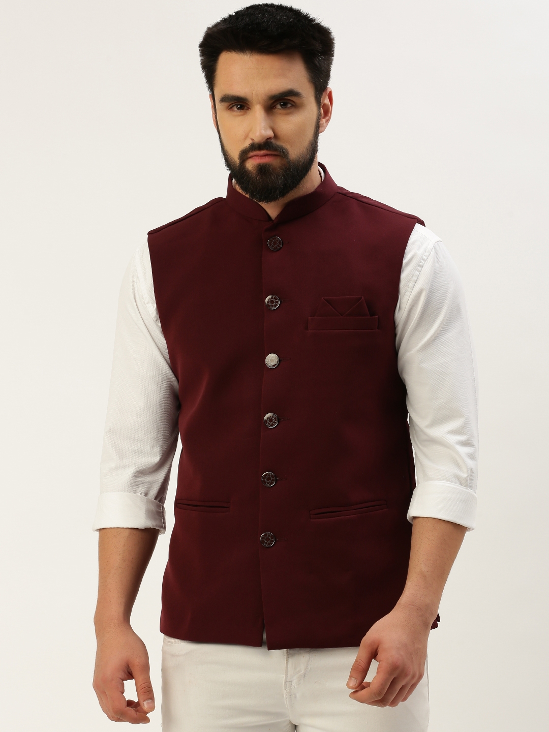 Showoff | SHOWOFF Men's Solid Mandarin Collar Burgundy Nehru Jacket 1