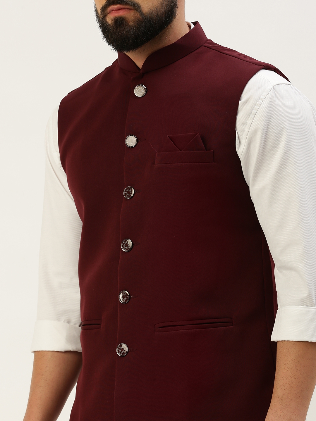 Showoff | SHOWOFF Men's Solid Mandarin Collar Burgundy Nehru Jacket 5