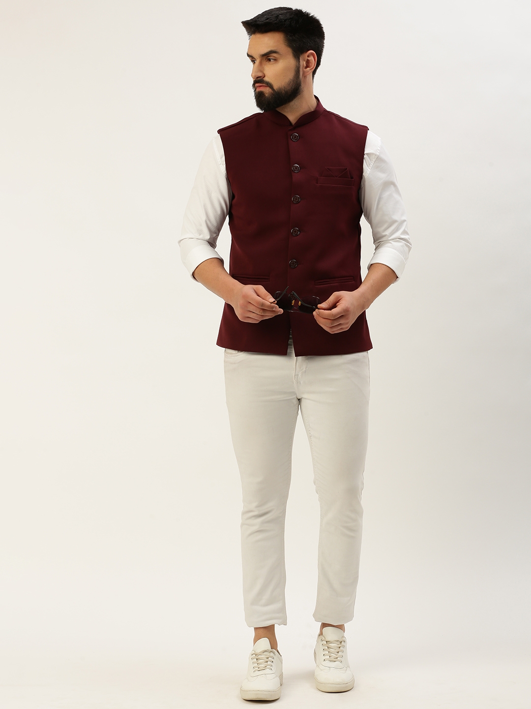 Showoff | SHOWOFF Men's Solid Mandarin Collar Burgundy Nehru Jacket 4
