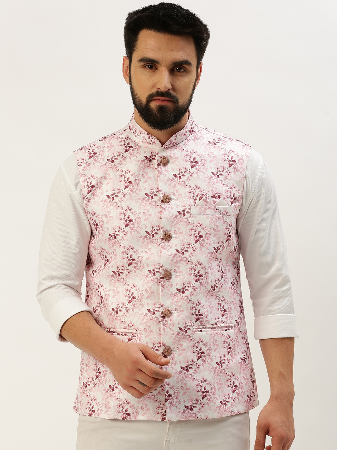 Showoff | SHOWOFF Men's Printed Mandarin Collar Pink Nehru Jacket 1