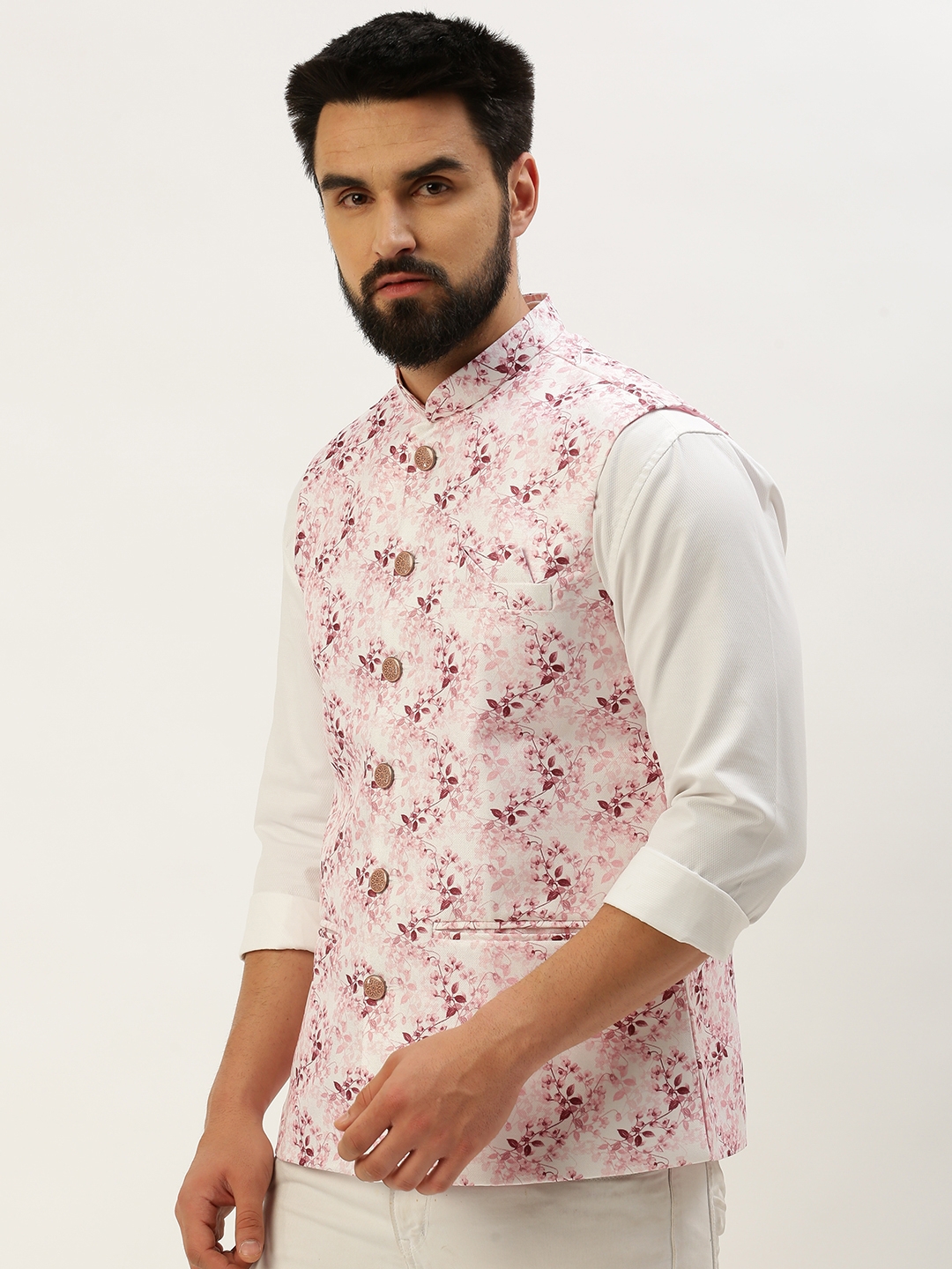 Showoff | SHOWOFF Men's Printed Mandarin Collar Pink Nehru Jacket 2