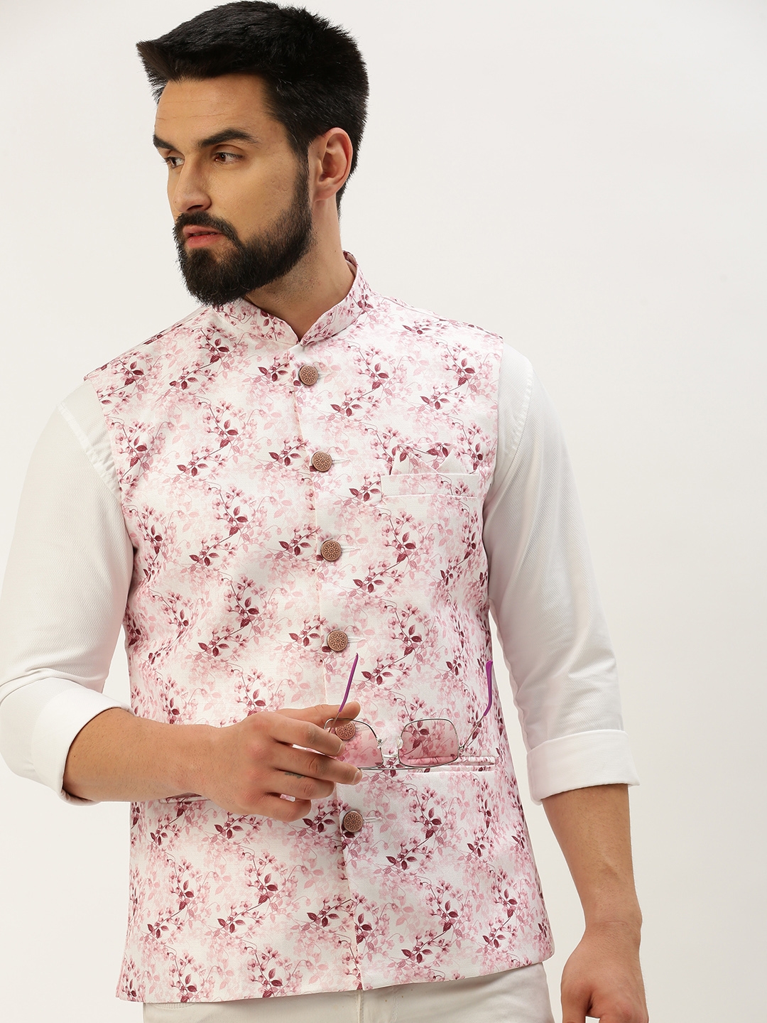 Showoff | SHOWOFF Men's Printed Mandarin Collar Pink Nehru Jacket 0