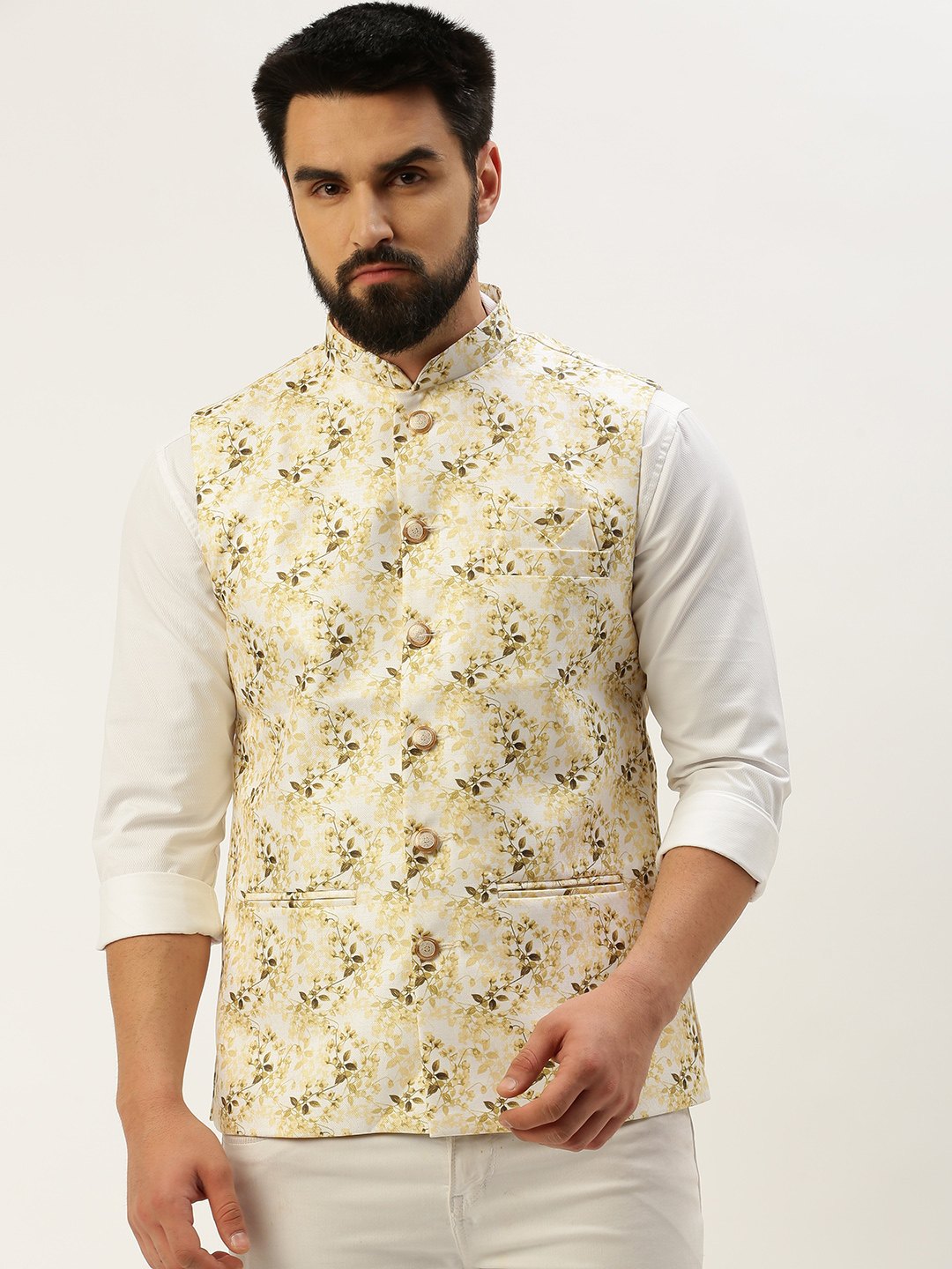 SHOWOFF Men's Printed Mandarin Collar White Nehru Jacket