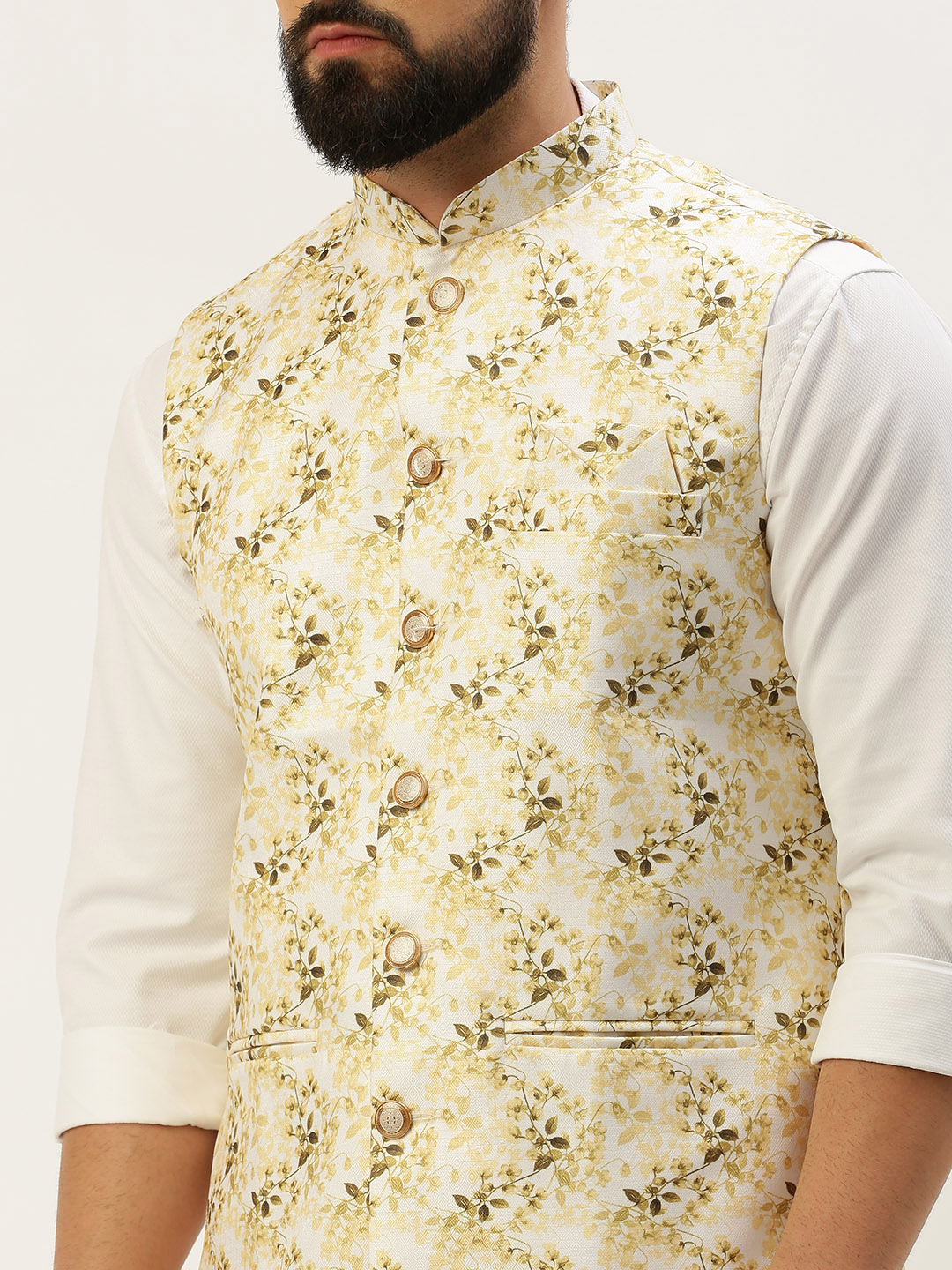 SHOWOFF Men's Printed Mandarin Collar White Nehru Jacket