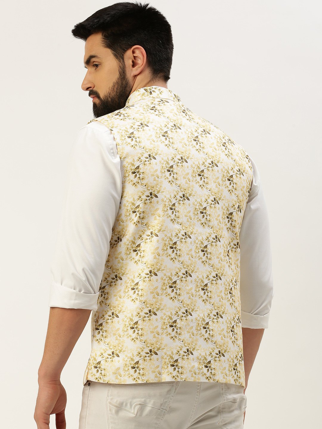 SHOWOFF Men's Printed Mandarin Collar White Nehru Jacket