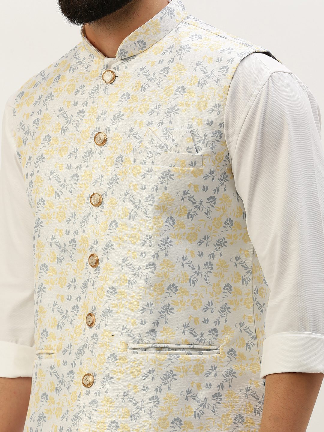 SHOWOFF Men's Printed Mandarin Collar White Nehru Jacket