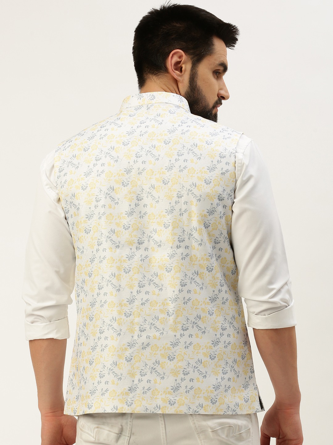 SHOWOFF Men's Printed Mandarin Collar White Nehru Jacket