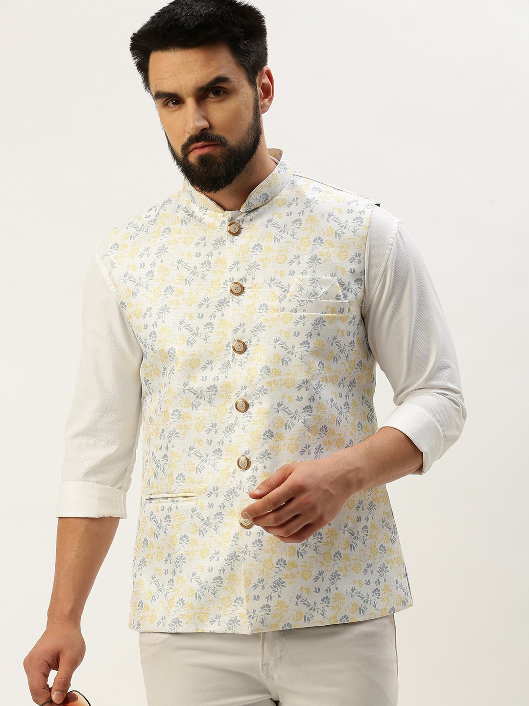 SHOWOFF Men's Printed Mandarin Collar White Nehru Jacket