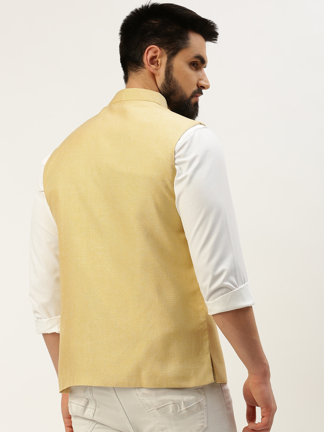 Showoff | SHOWOFF Men's Solid Mandarin Collar Yellow Nehru Jacket 3
