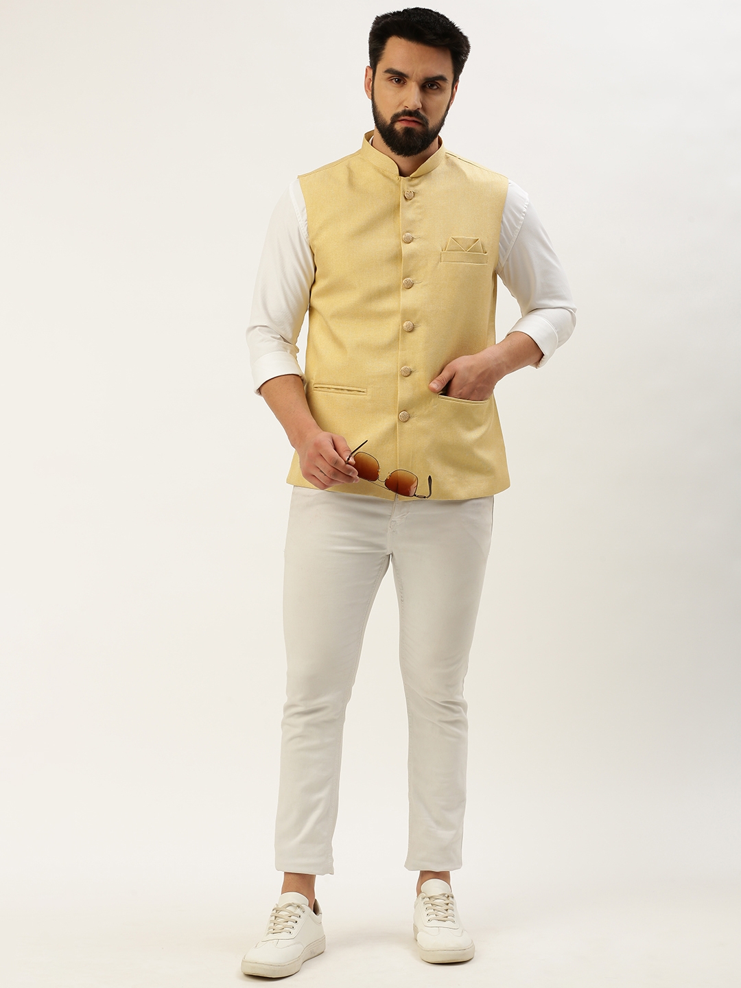 Showoff | SHOWOFF Men's Solid Mandarin Collar Yellow Nehru Jacket 4