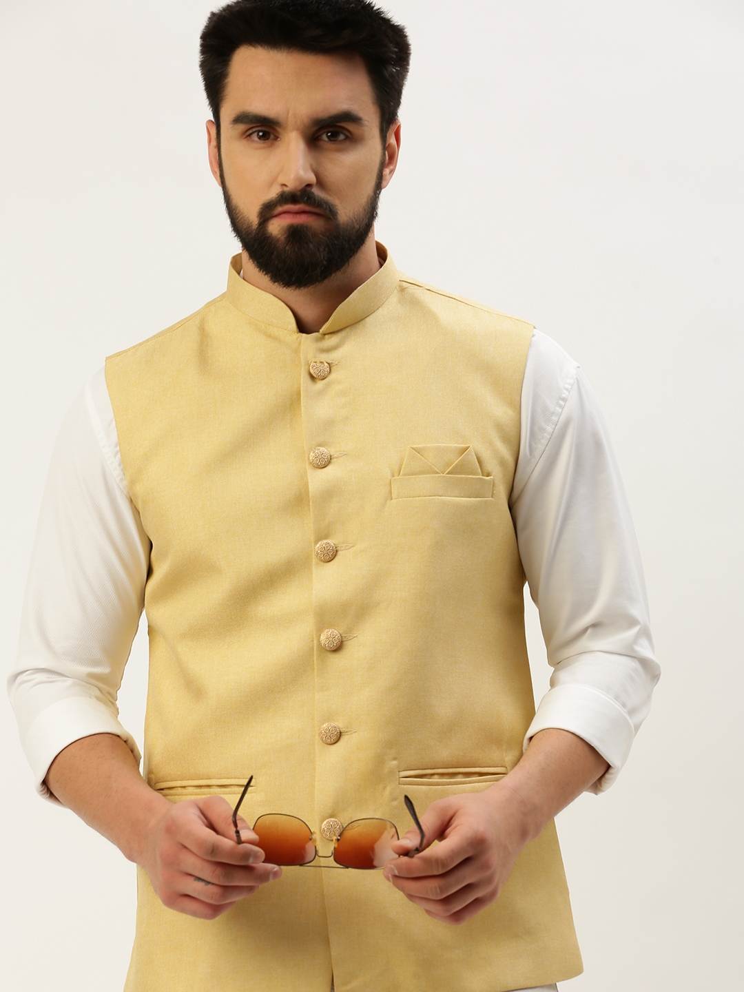 Showoff | SHOWOFF Men's Solid Mandarin Collar Yellow Nehru Jacket 0