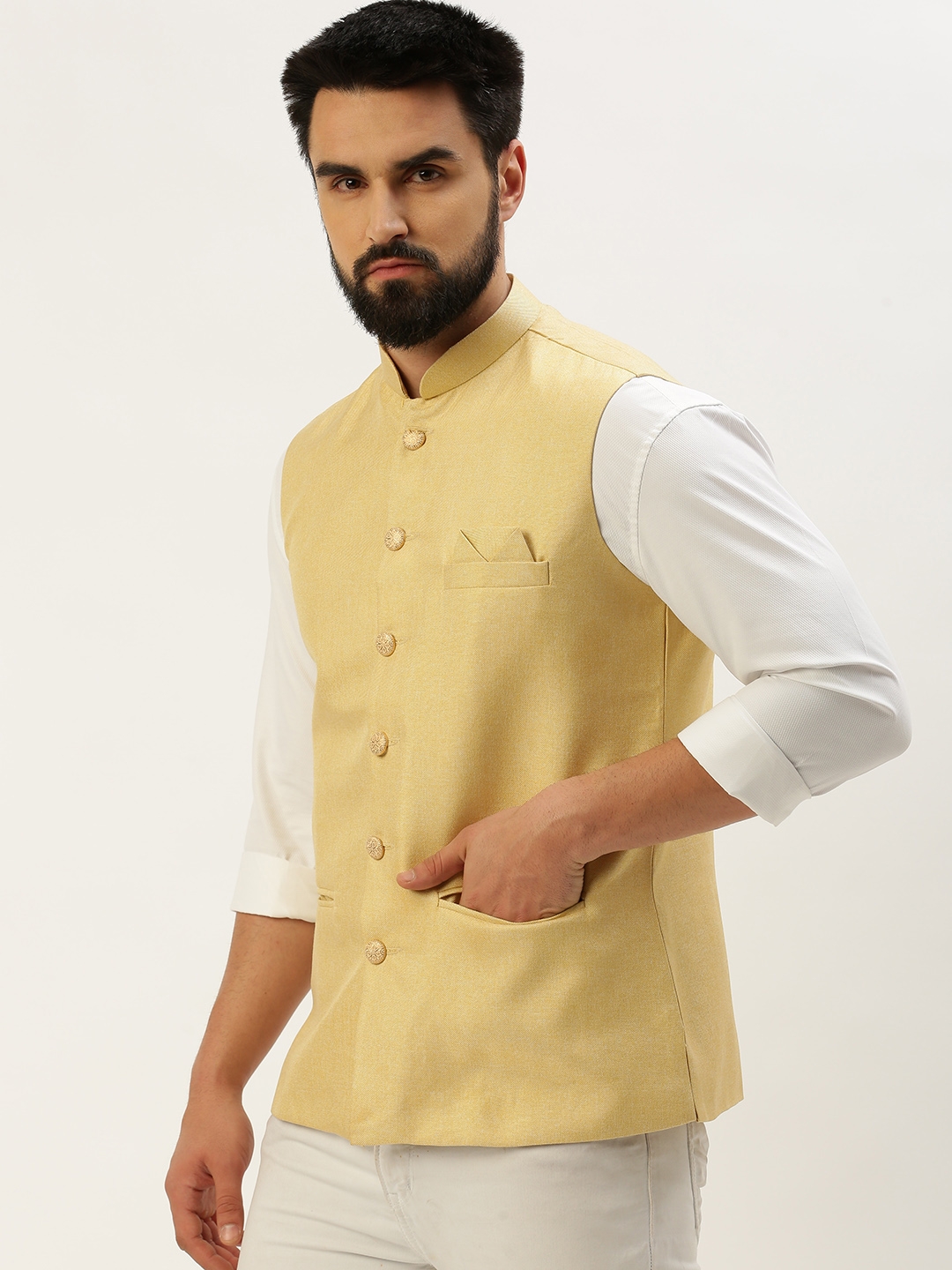Showoff | SHOWOFF Men's Solid Mandarin Collar Yellow Nehru Jacket 2