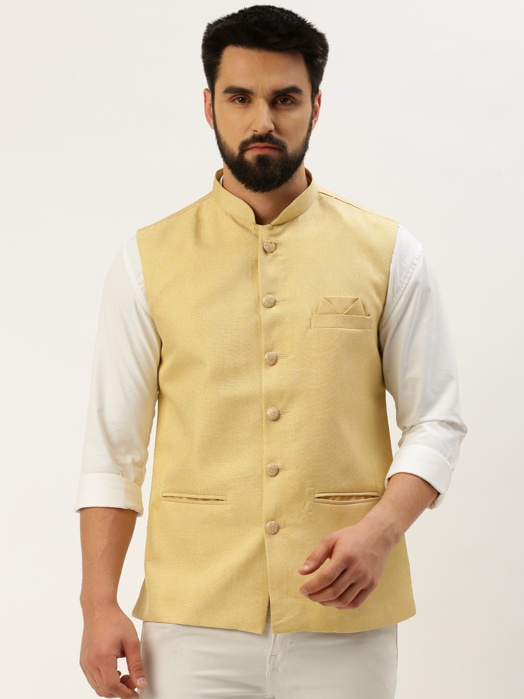 Showoff | SHOWOFF Men's Solid Mandarin Collar Yellow Nehru Jacket 1