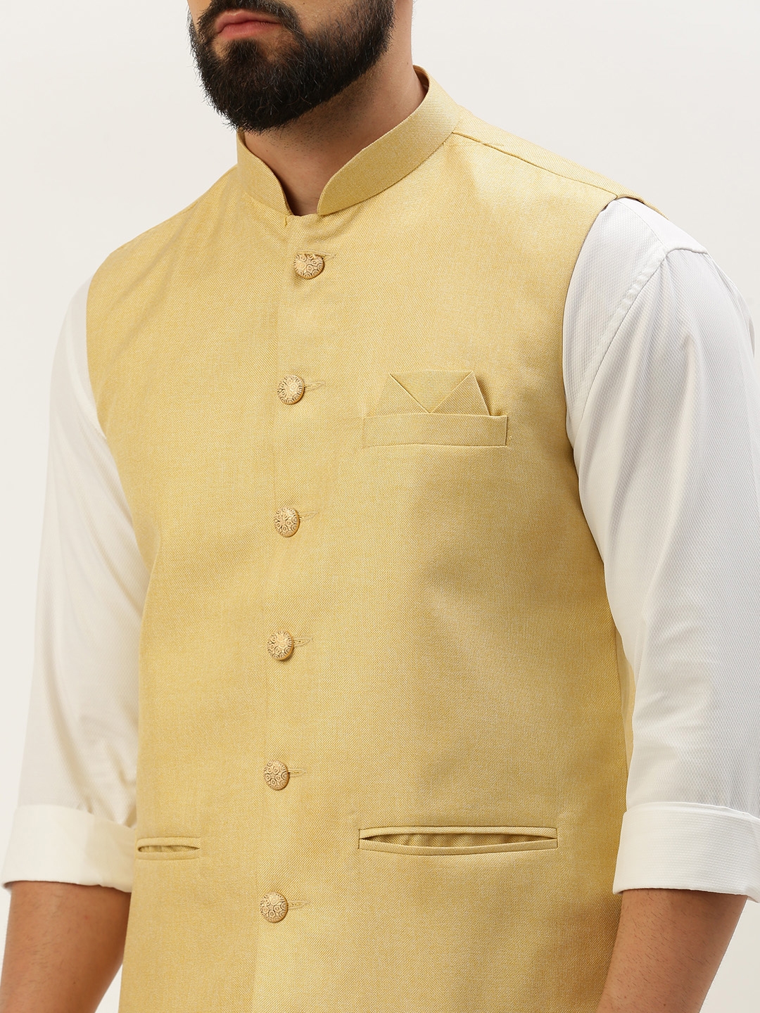 Showoff | SHOWOFF Men's Solid Mandarin Collar Yellow Nehru Jacket 5