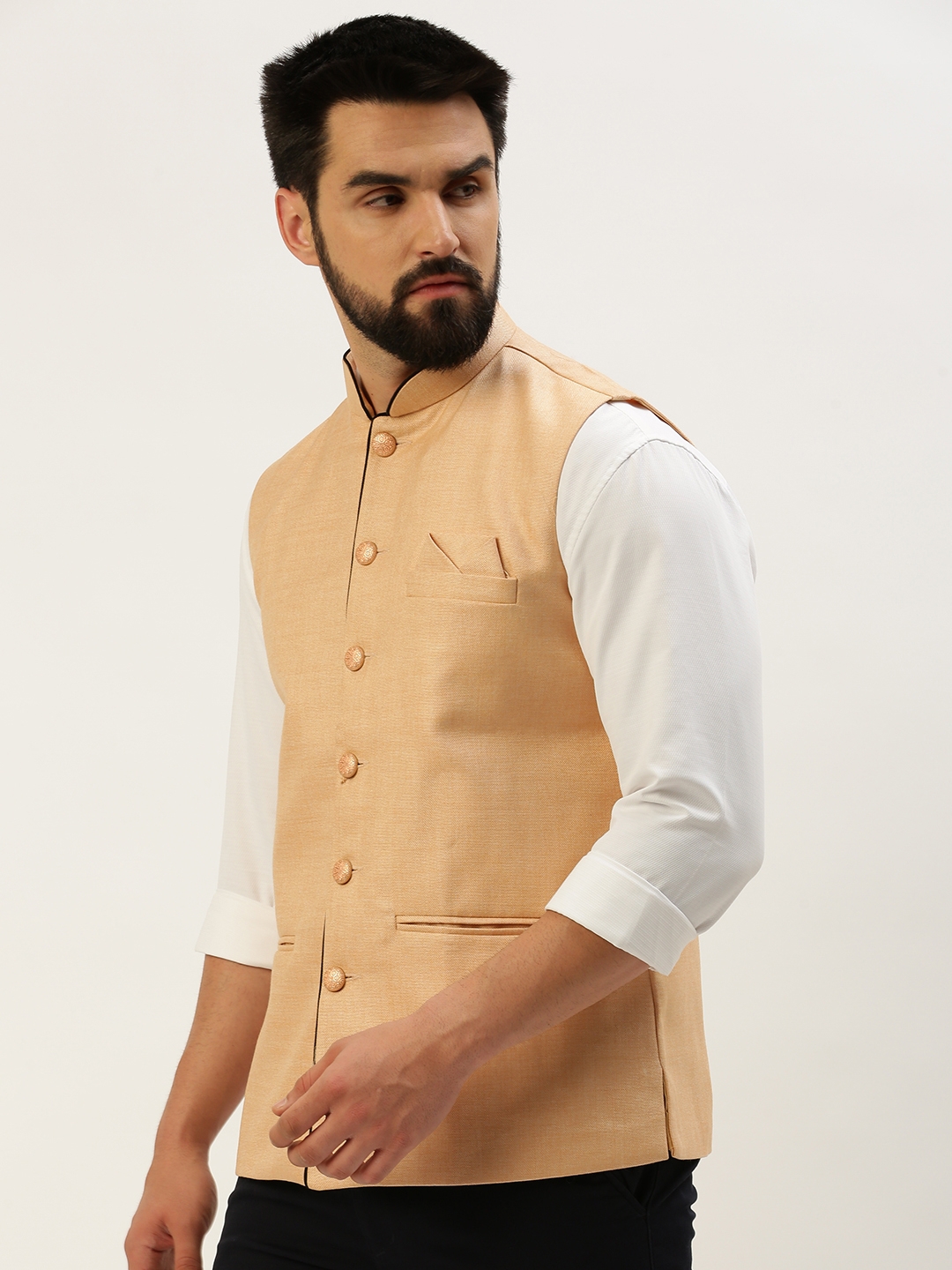Showoff | SHOWOFF Men's Solid Mandarin Collar Peach Nehru Jacket 2
