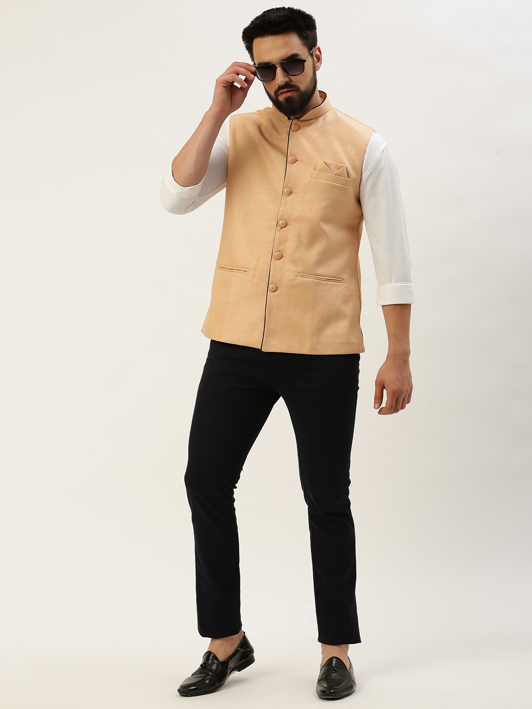 Showoff | SHOWOFF Men's Solid Mandarin Collar Peach Nehru Jacket 4
