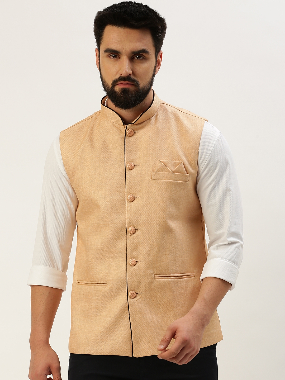 Showoff | SHOWOFF Men's Solid Mandarin Collar Peach Nehru Jacket 1