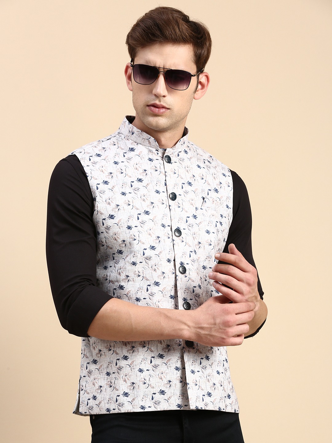 Showoff | SHOWOFF Men's Slim Fit Printed Beige Nehru Jacket 0