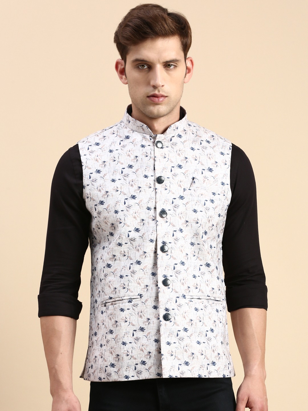 Showoff | SHOWOFF Men's Slim Fit Printed Beige Nehru Jacket 1