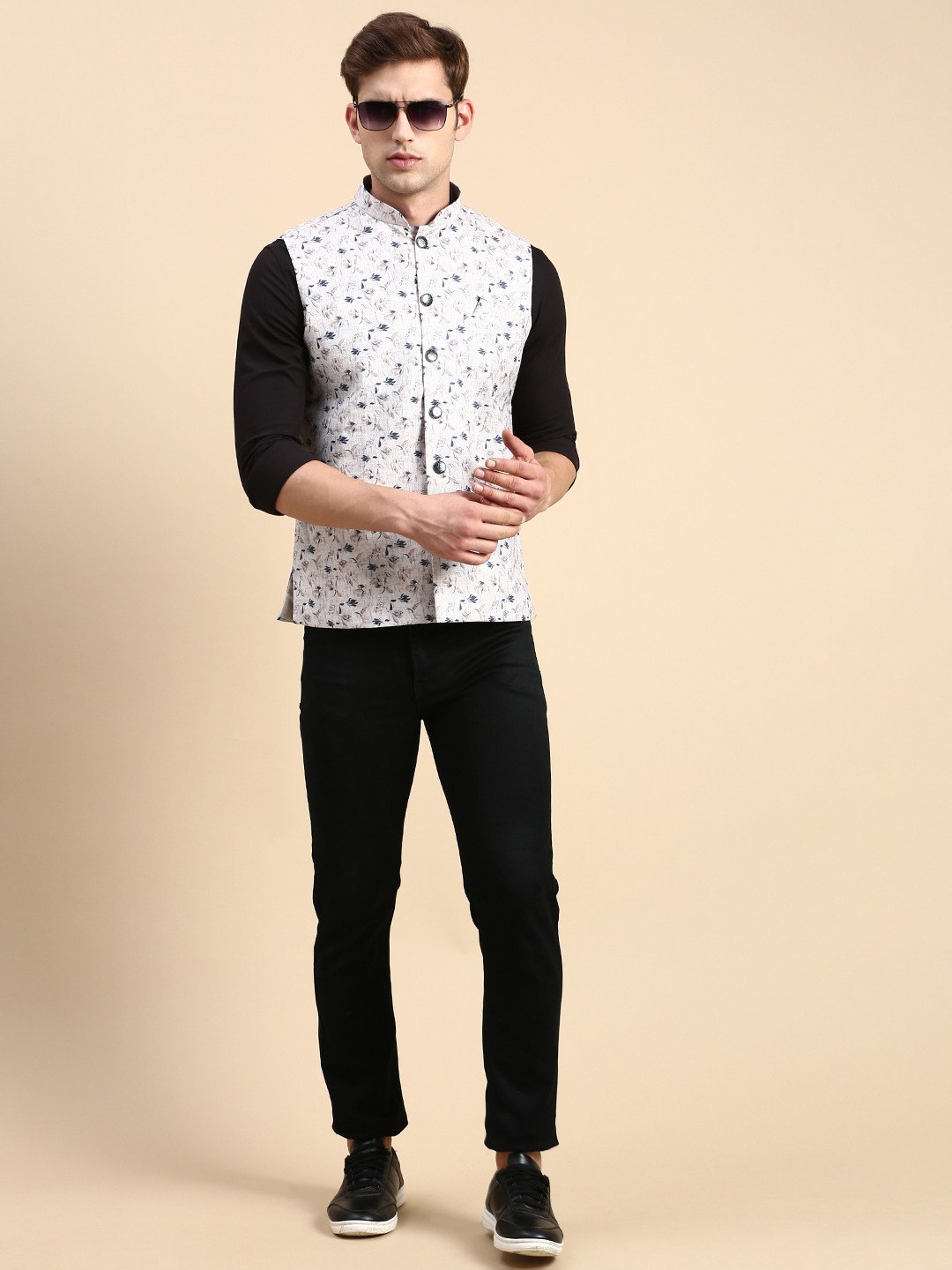 Showoff | SHOWOFF Men's Slim Fit Printed Beige Nehru Jacket 4