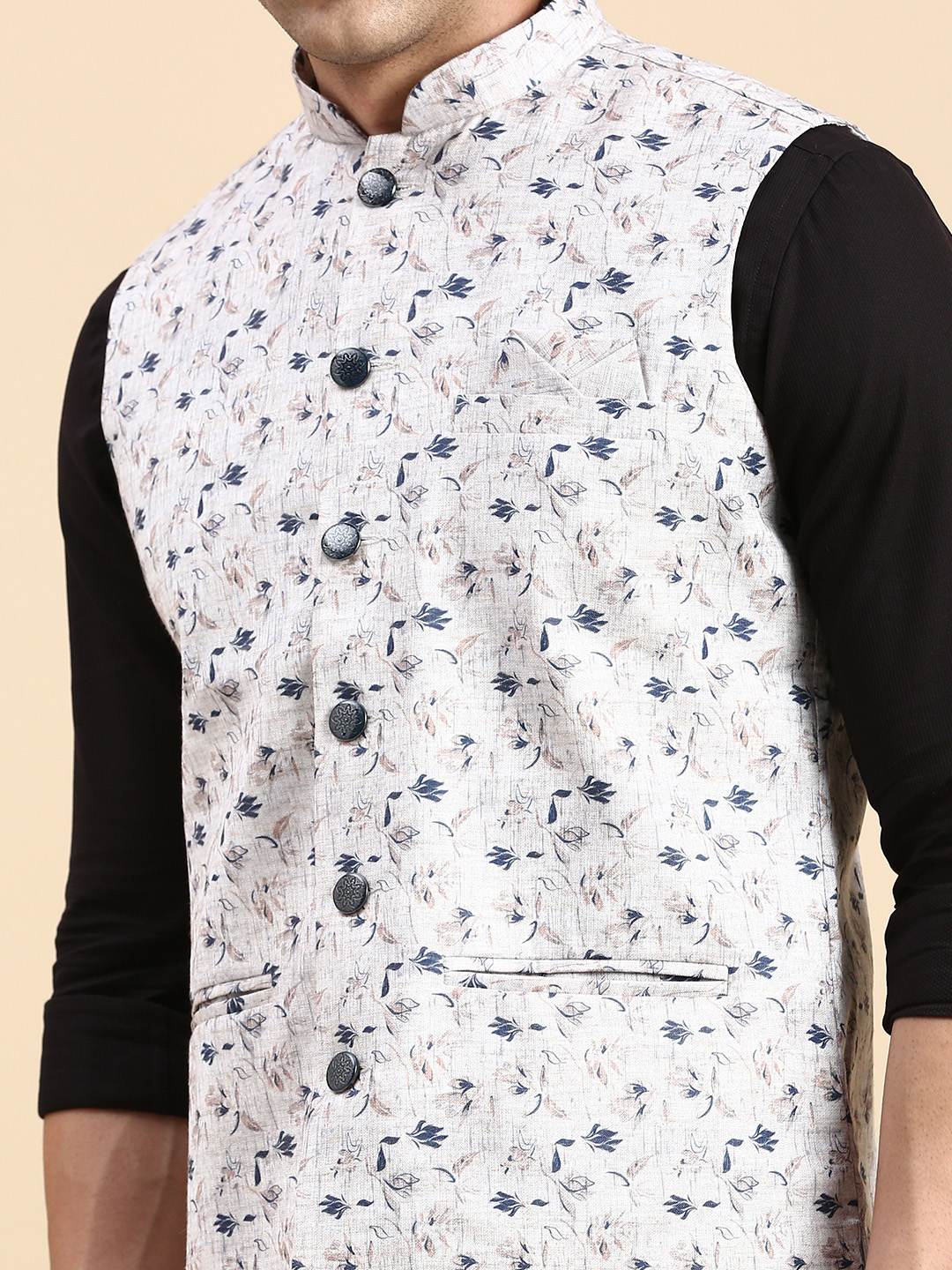 Showoff | SHOWOFF Men's Slim Fit Printed Beige Nehru Jacket 5