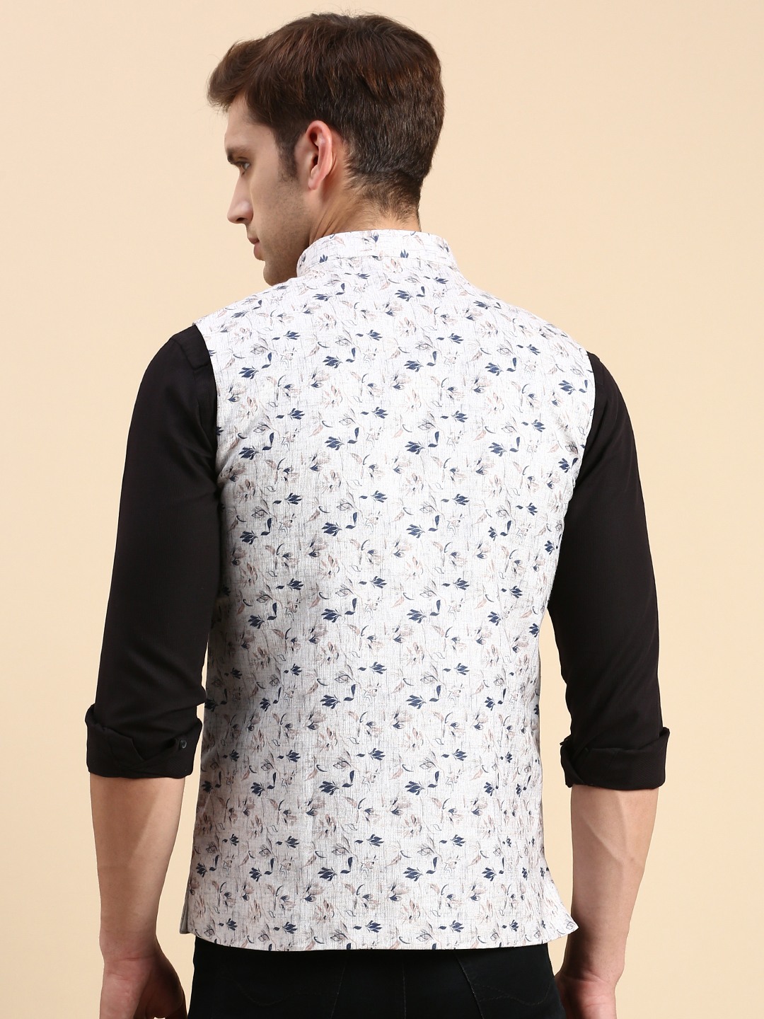 Showoff | SHOWOFF Men's Slim Fit Printed Beige Nehru Jacket 3