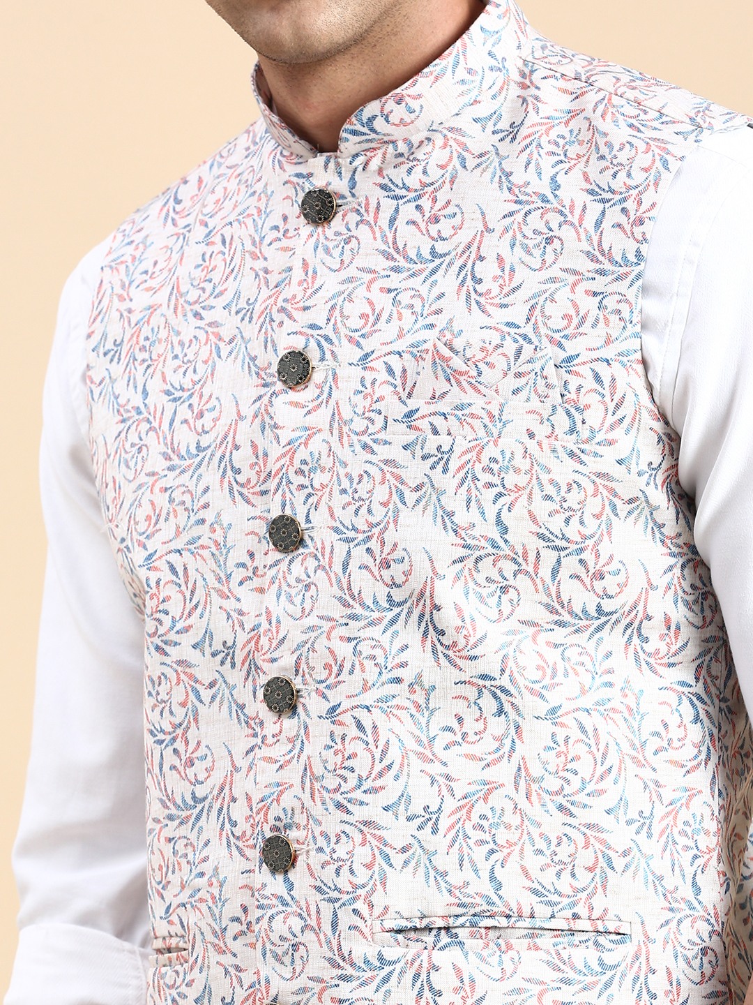SHOWOFF Men's Slim Fit Printed Beige Nehru Jacket