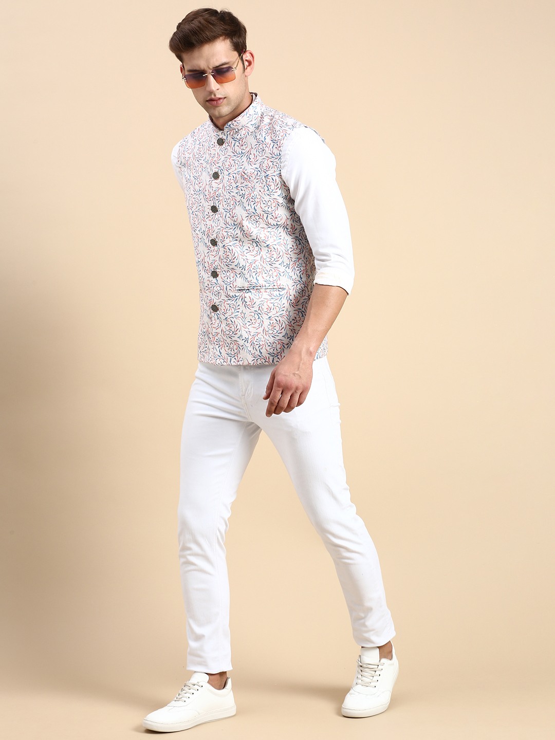 SHOWOFF Men's Slim Fit Printed Beige Nehru Jacket