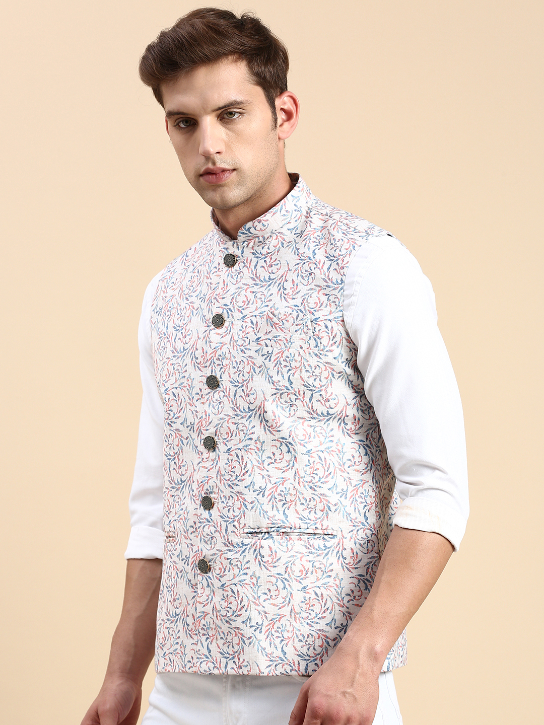 SHOWOFF Men's Slim Fit Printed Beige Nehru Jacket