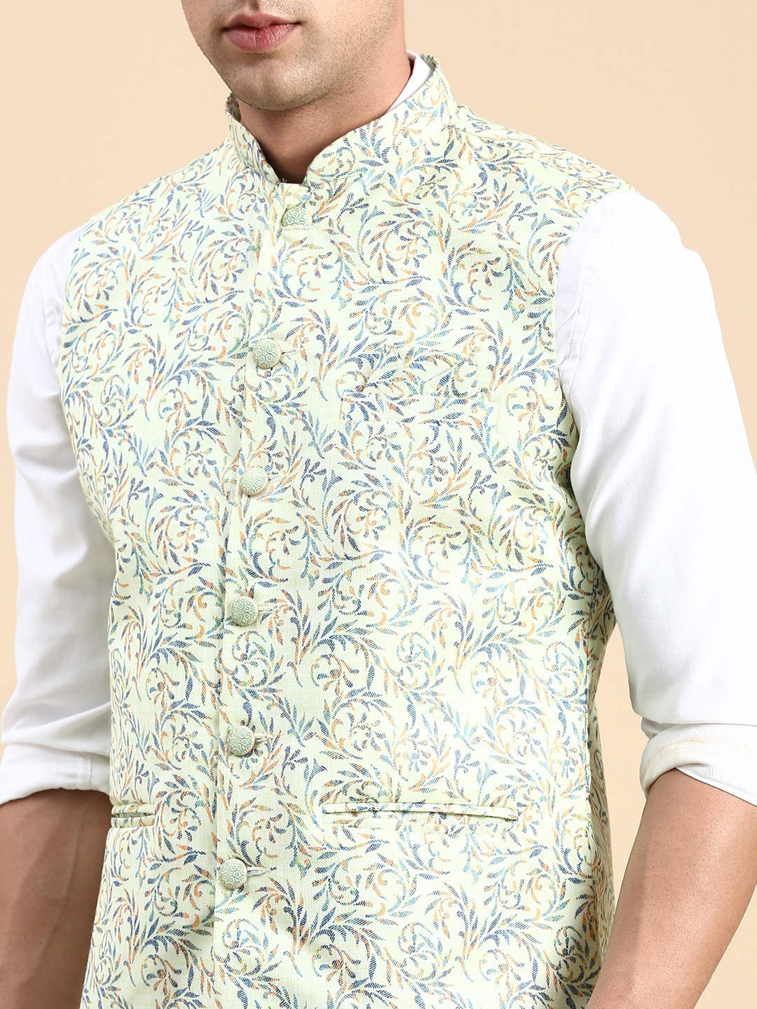 Showoff | SHOWOFF Men's Slim Fit Printed Lime Green Nehru Jacket 5