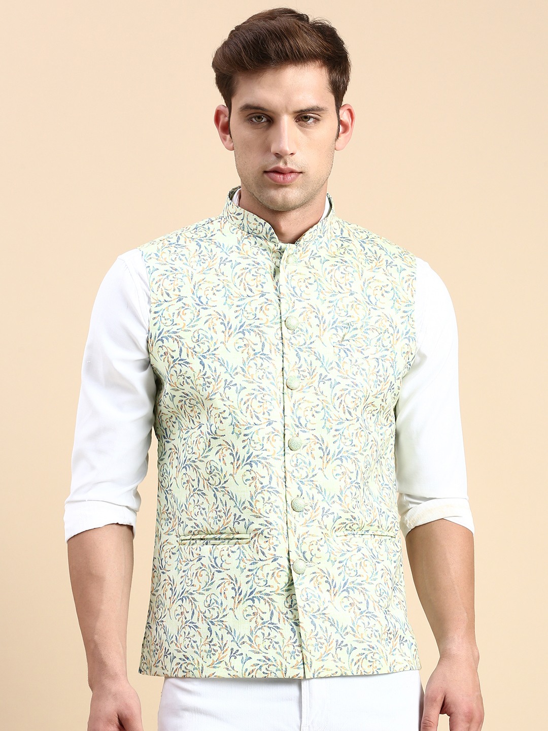 Green printed cotton nehru-jacket - Veera Paridhaan - 3603937