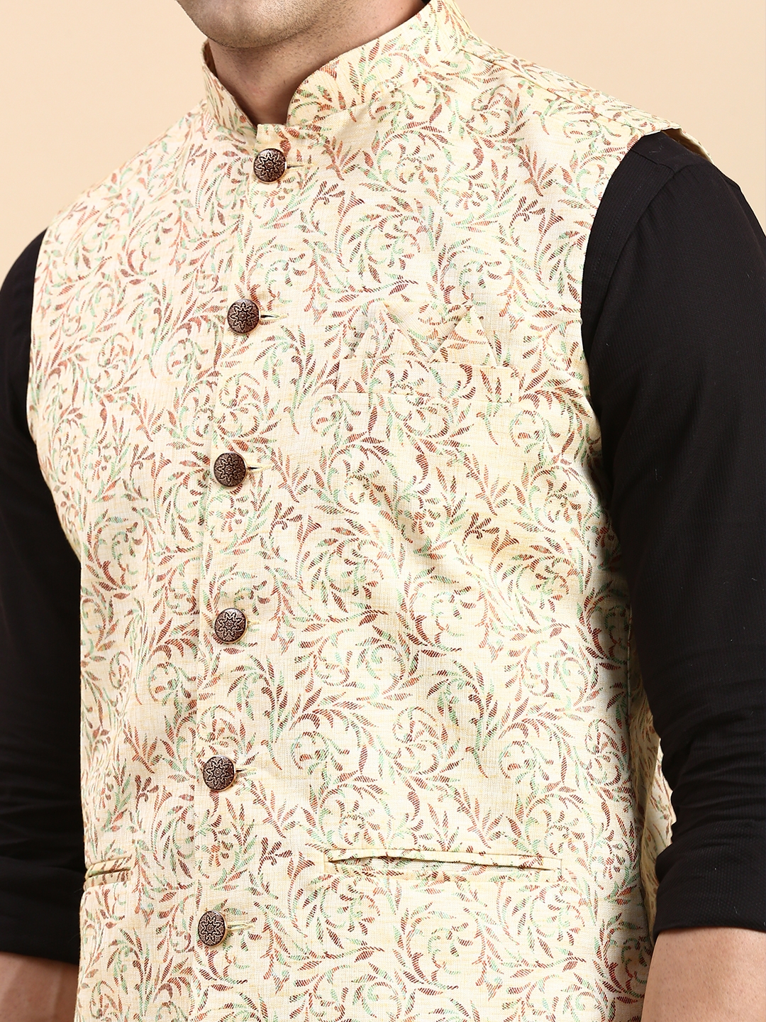 Showoff | SHOWOFF Men's Slim Fit Printed Cream Nehru Jacket 5