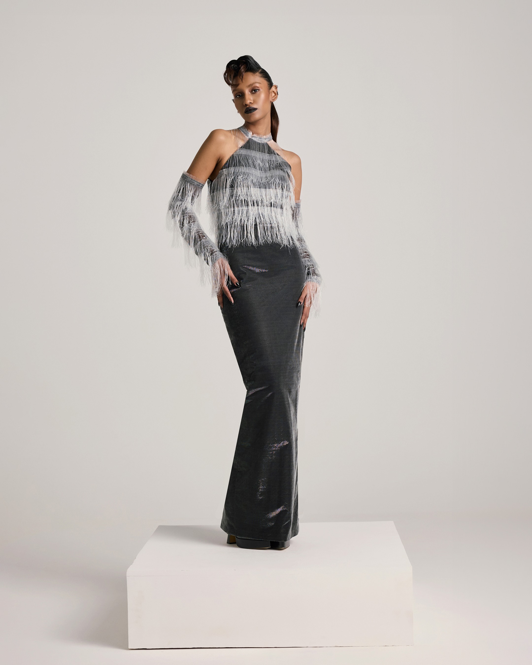The Cascade Fringe Halter Pencil Dress