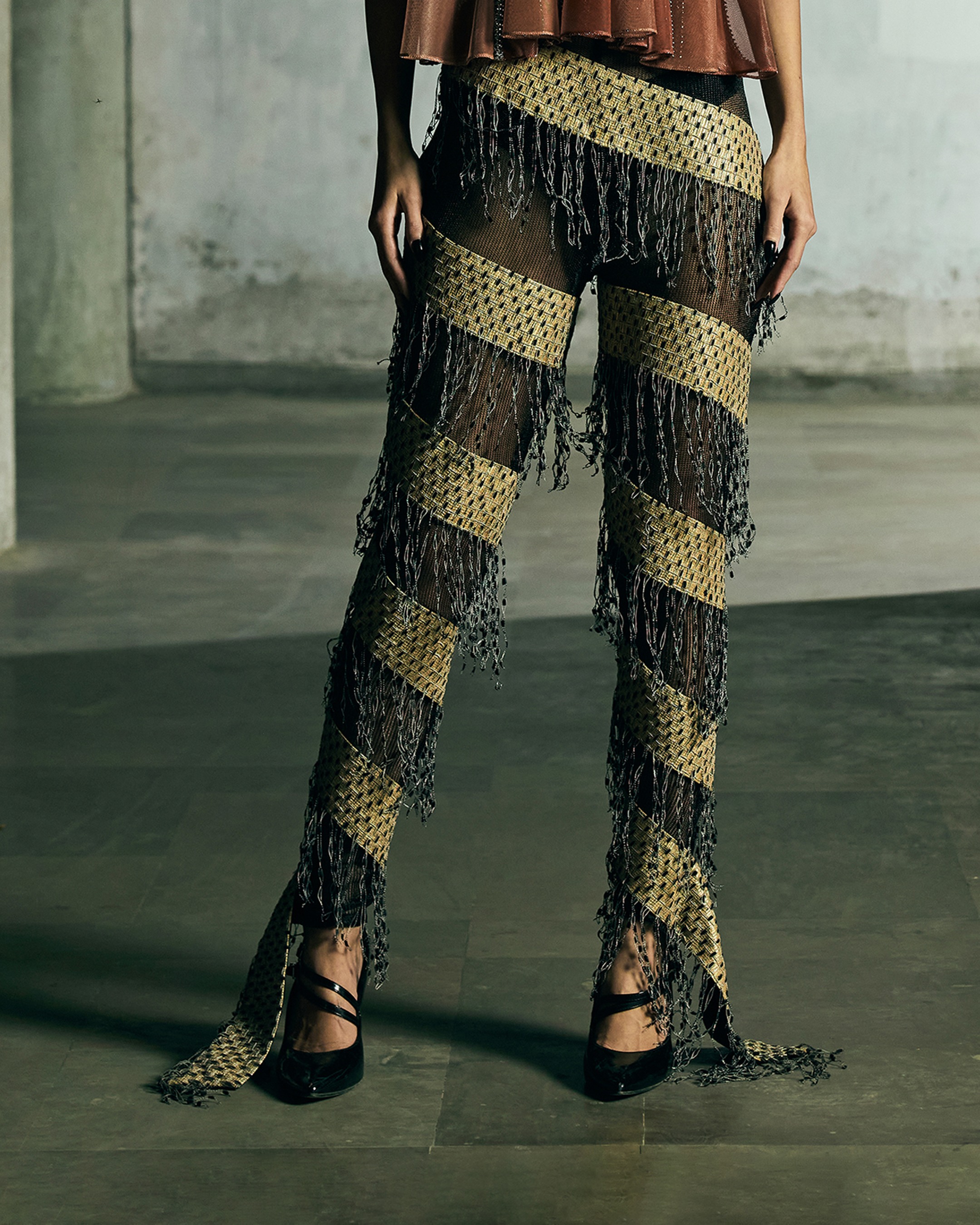 Handwoven Spiral Trousers With Fringes