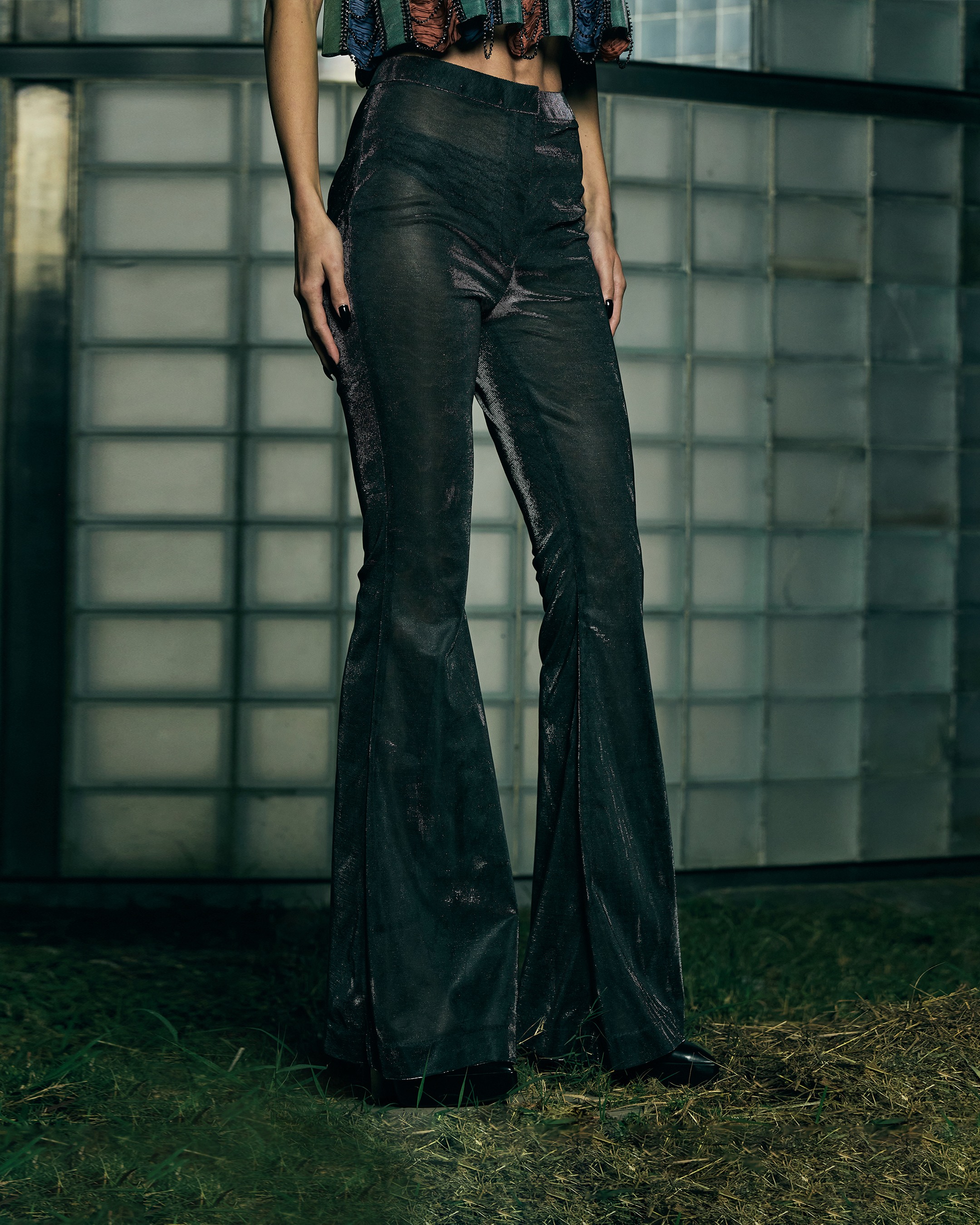 Metallic Sheer Boot-Cut Trousers