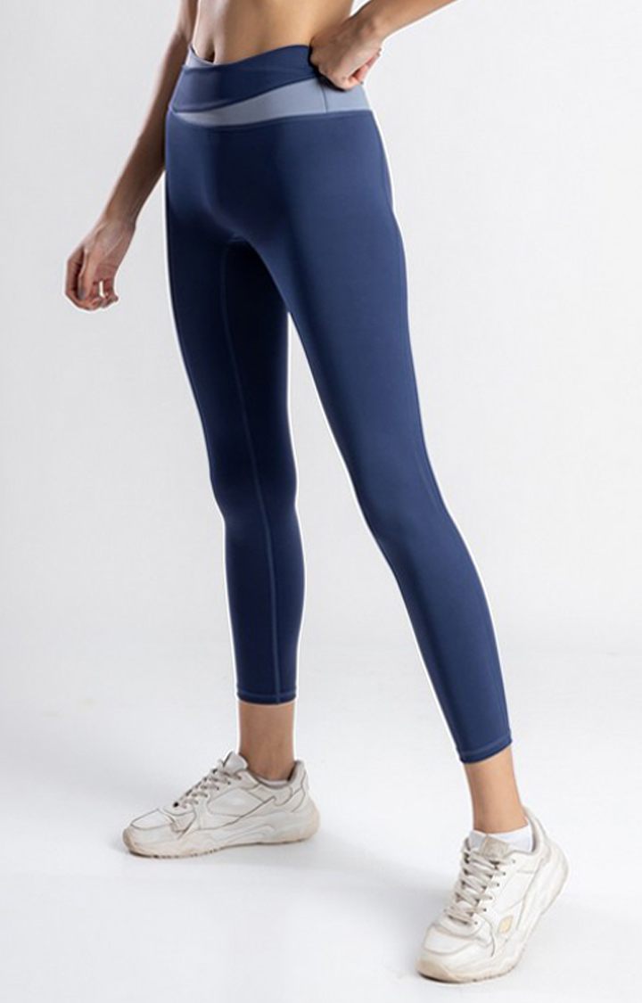 Women's Blue Solid Nylon Activewear Legging