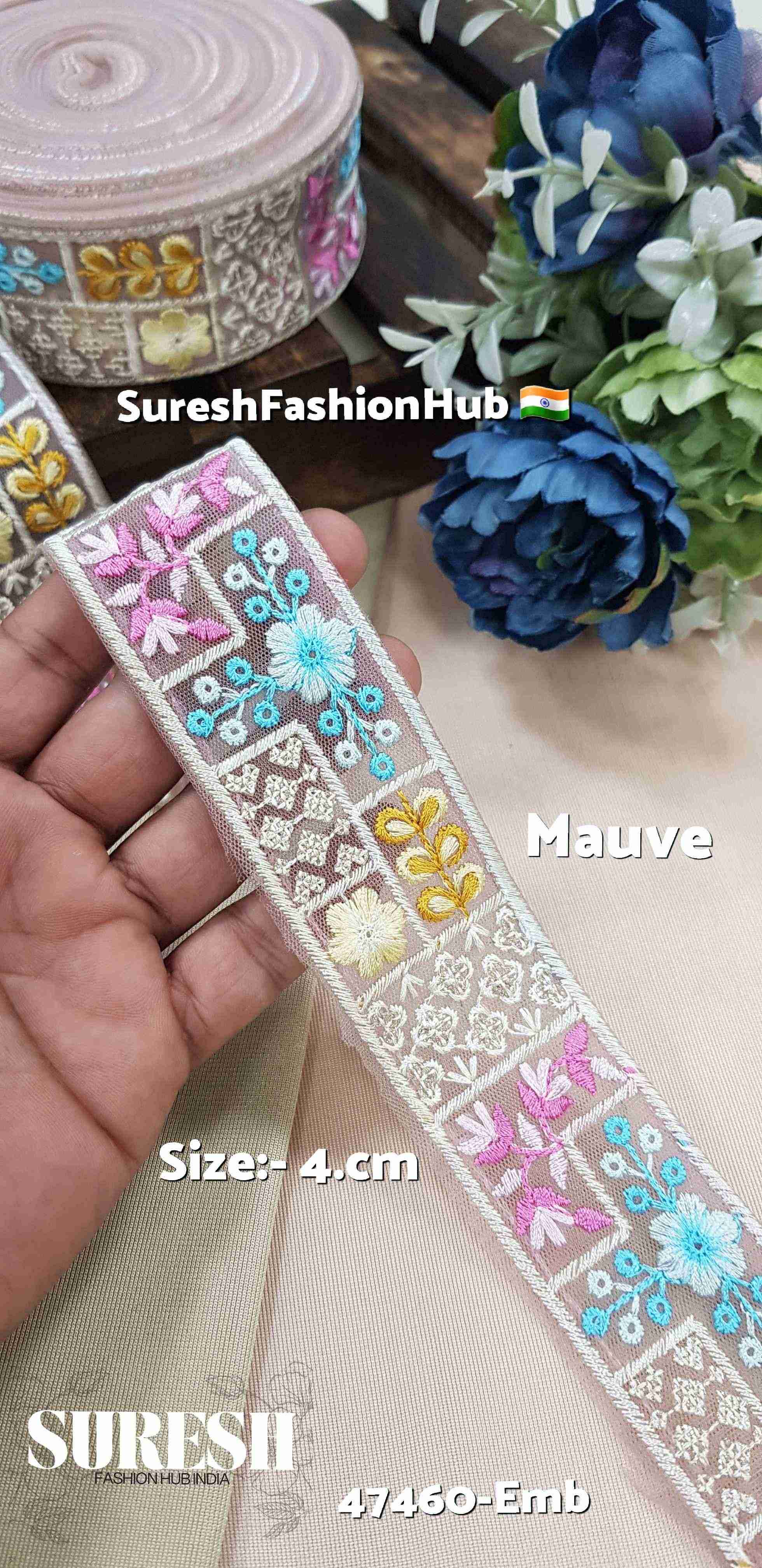 Mauve Embroidered Floral Net Lace