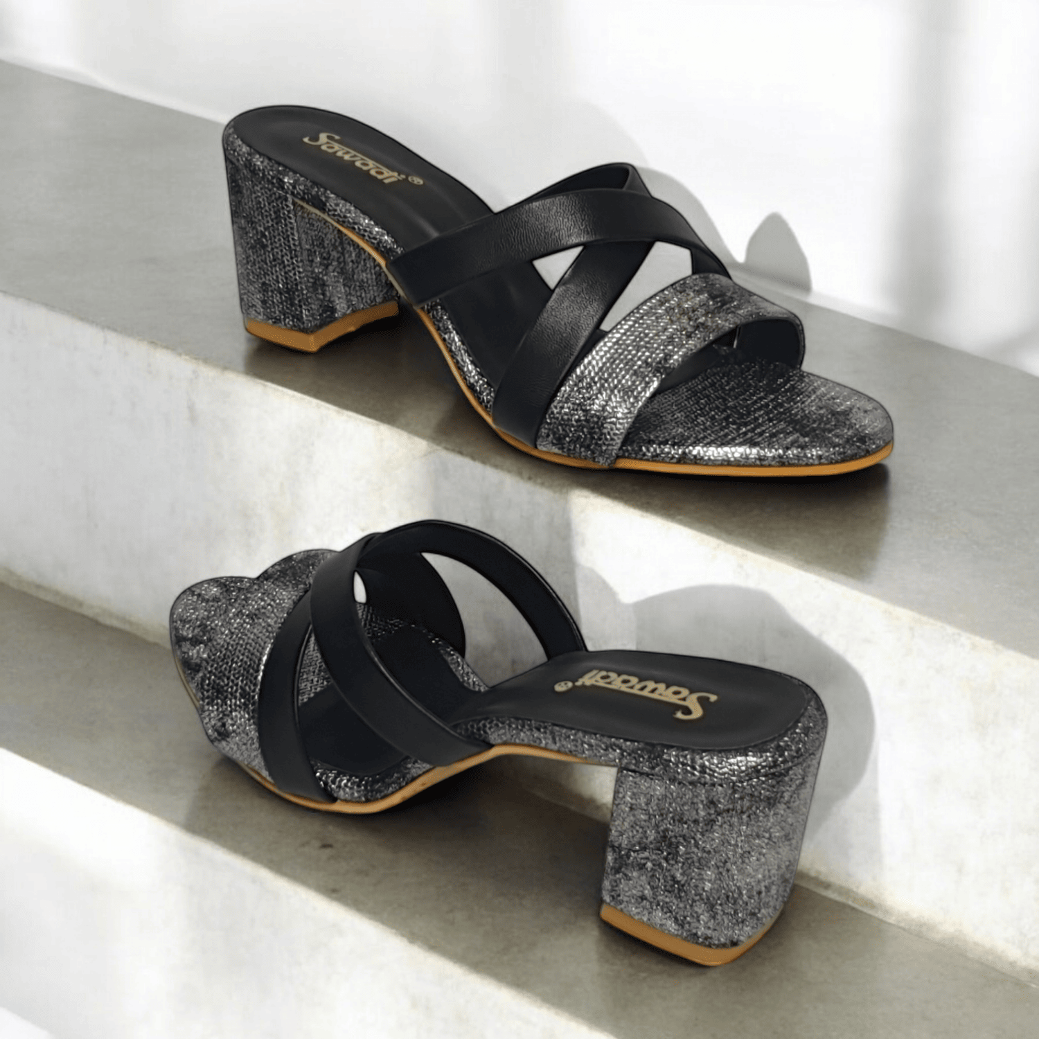 Women's Black and Silver Glitter Block Heel Sandals with Crisscross Straps