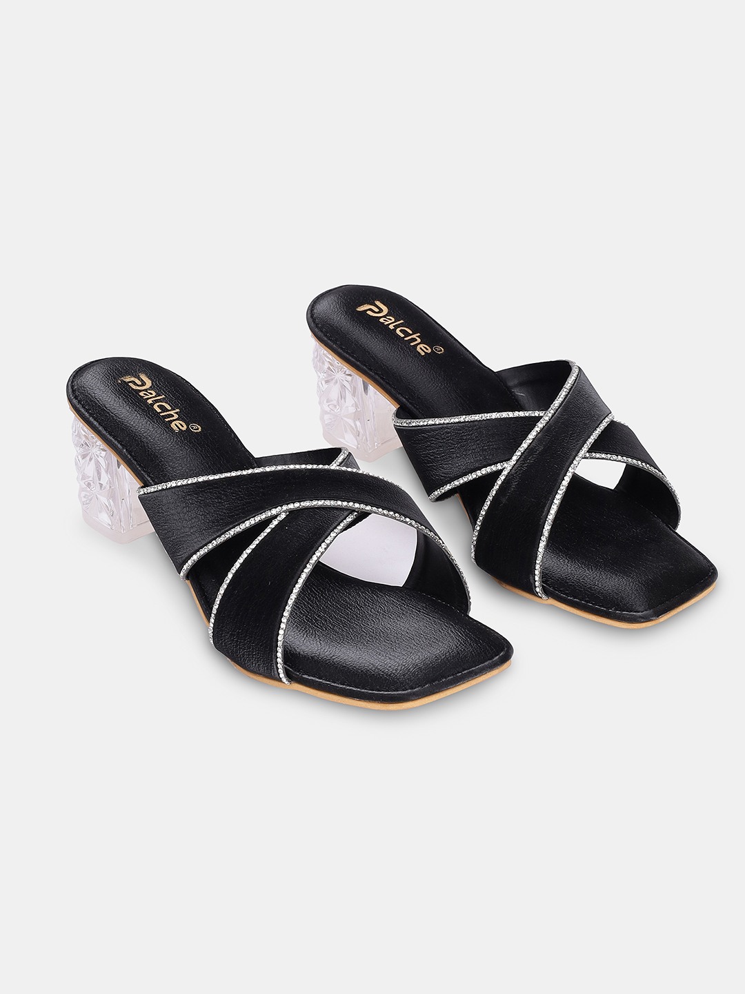 Elegant Black Criss-Cross Heeled Sandals with Rhinestones