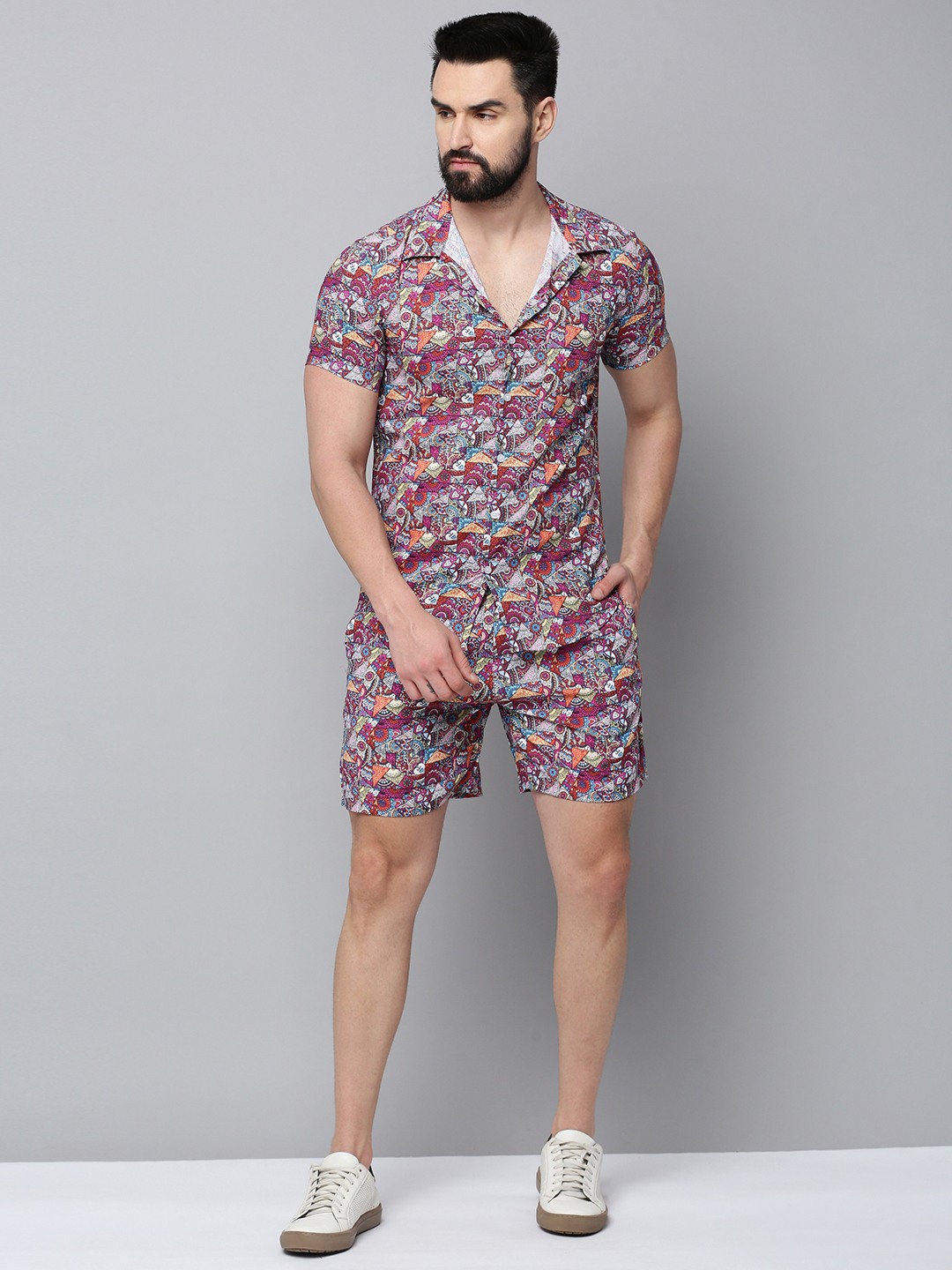 SHOWOFF Men's Shirt Collar Short Sleeves Printed Multi Co-Ords Set