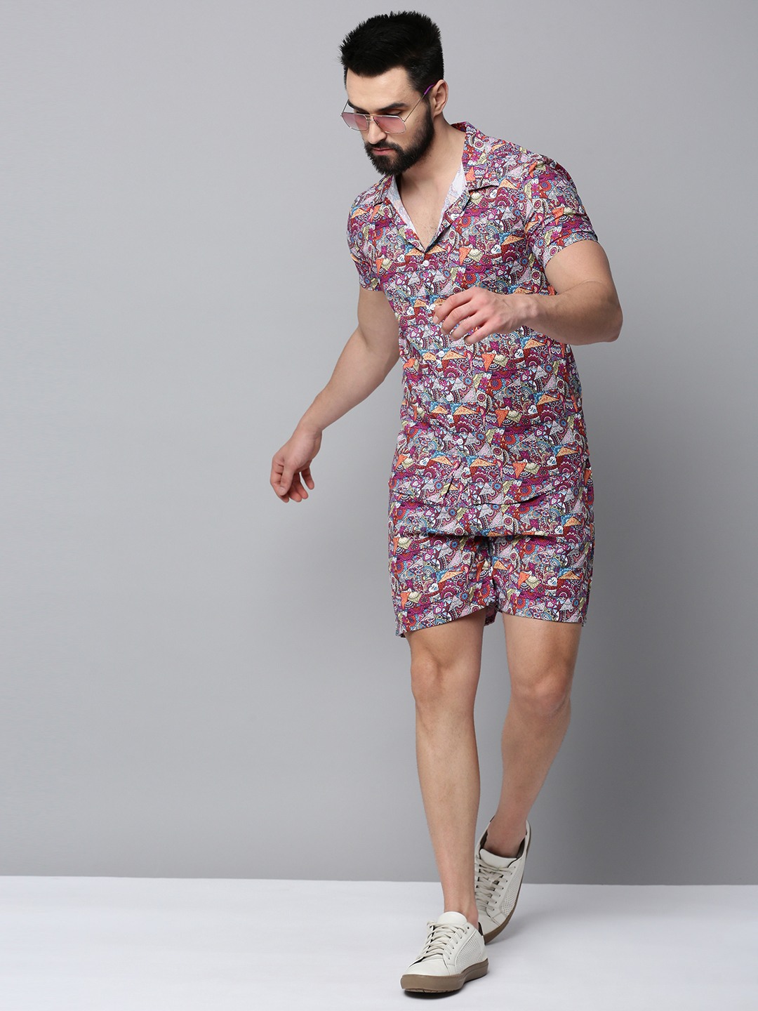 SHOWOFF Men's Shirt Collar Short Sleeves Printed Multi Co-Ords Set