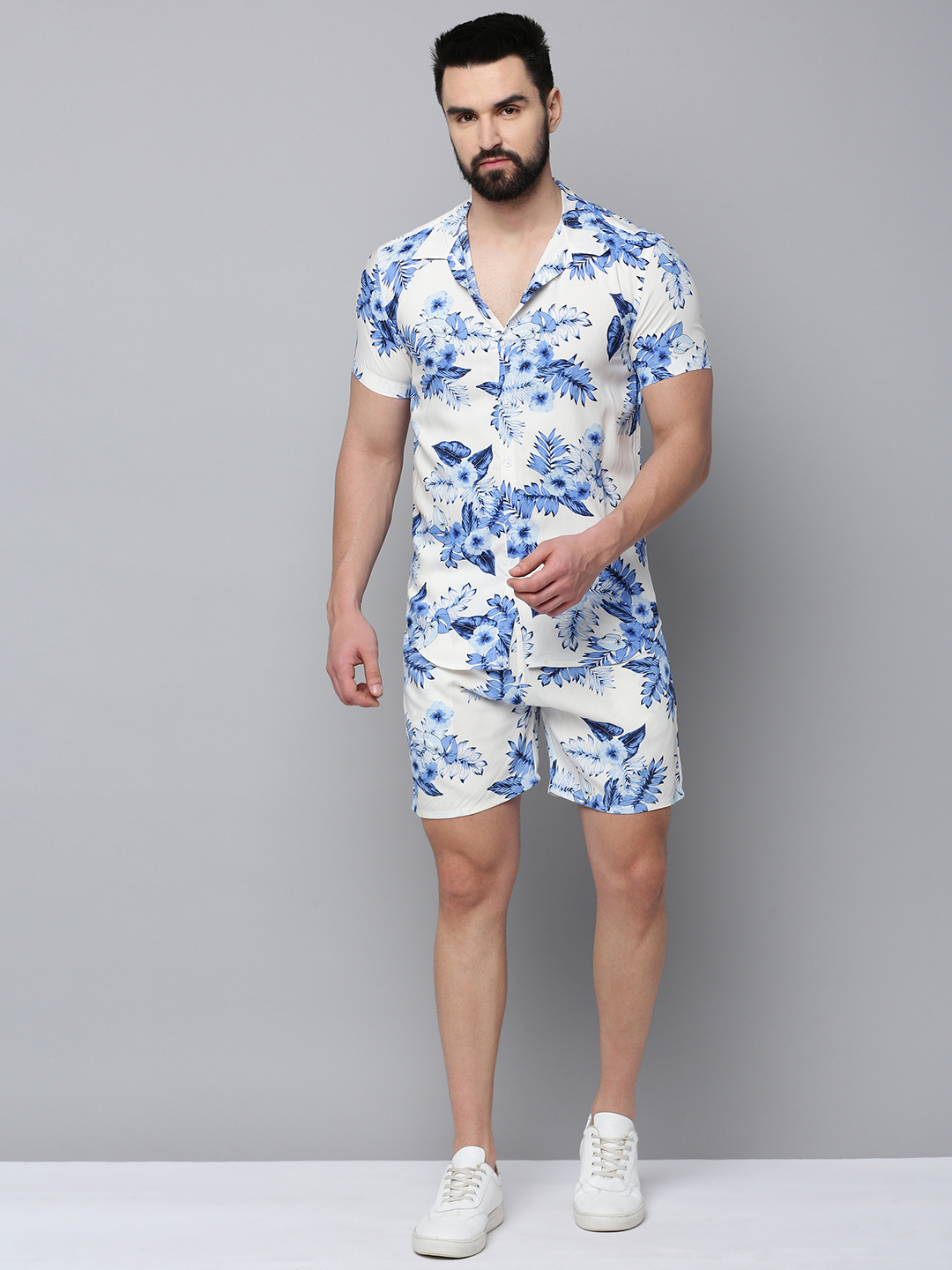 SHOWOFF Men's Shirt Collar Short Sleeves Printed White Co-Ords Set