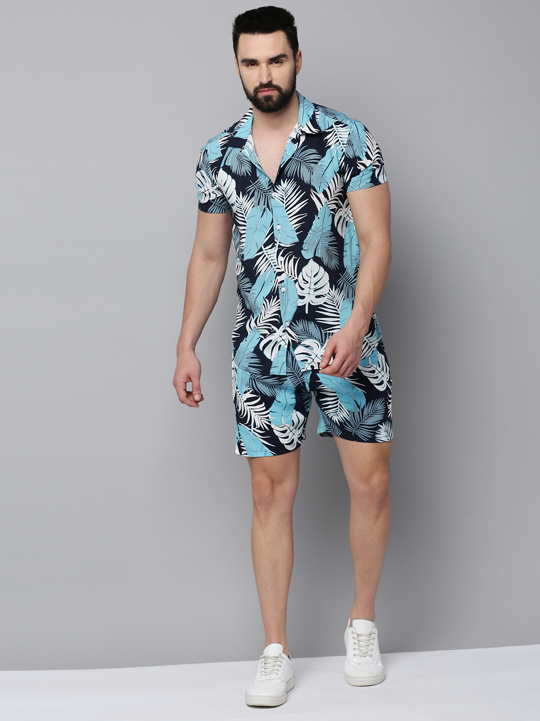 SHOWOFF Men's Shirt Collar Short Sleeves Printed Navy Blue Co-Ords Set