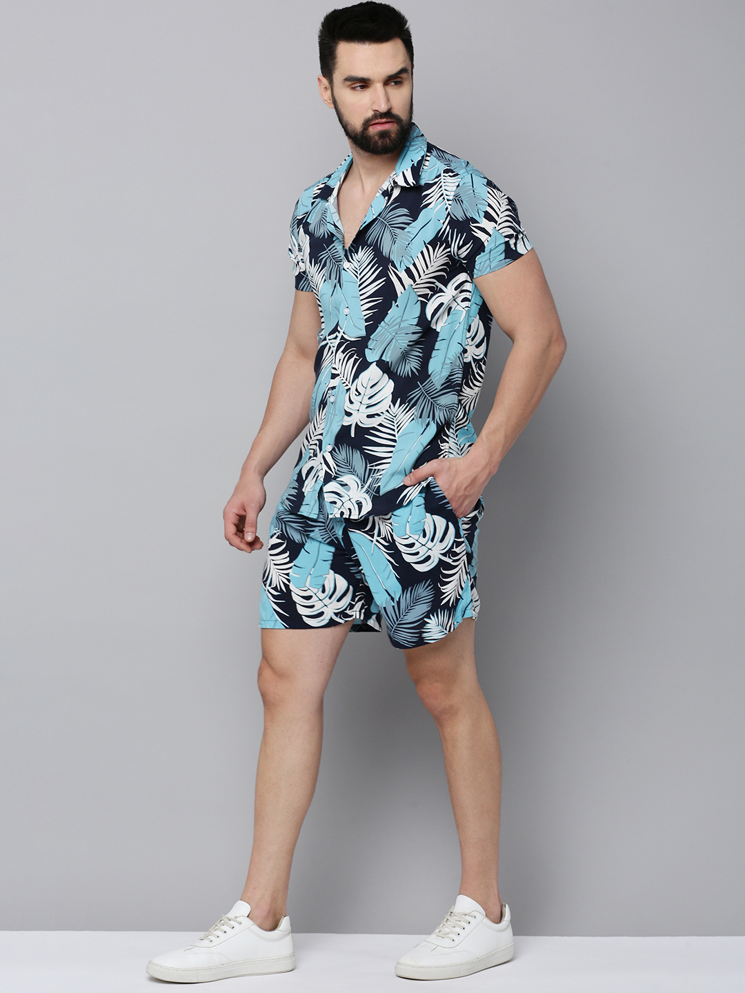 SHOWOFF Men's Shirt Collar Short Sleeves Printed Navy Blue Co-Ords Set